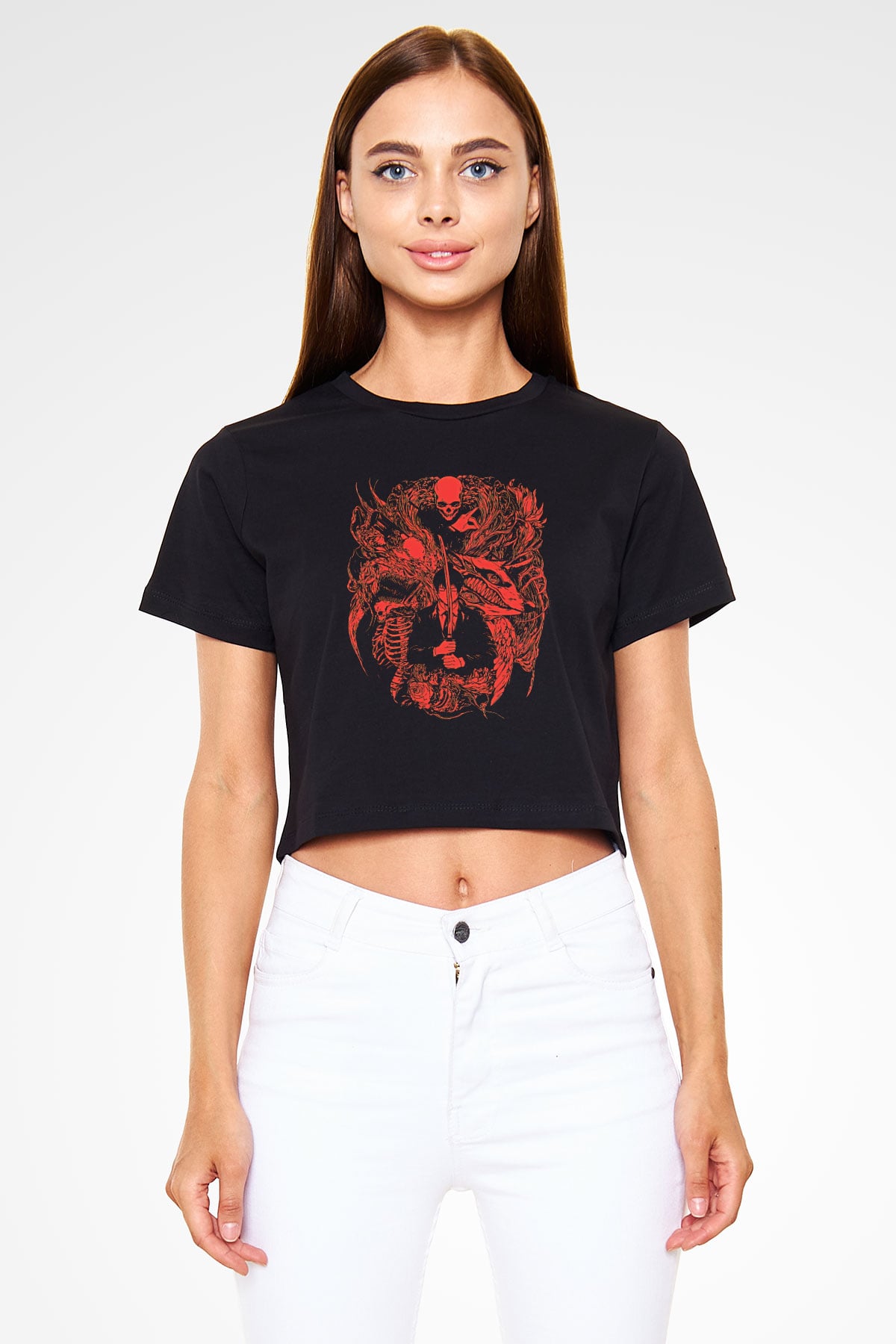 Chainsaw Man Baskılı Siyah Crop Top Kadın Tişört - Tshirt