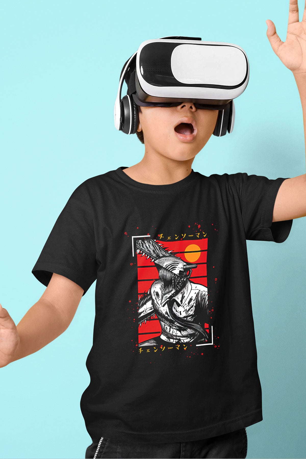 Chainsaw Man Baskılı Unisex Siyah Çocuk Tişört - Tshirt