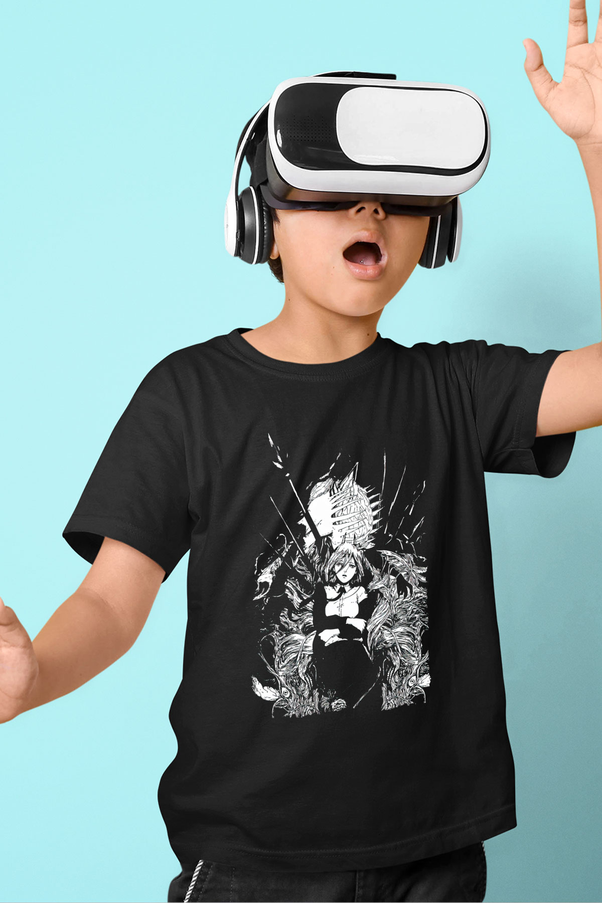 Chainsaw Man Baskılı Unisex Siyah Çocuk Tişört - Tshirt