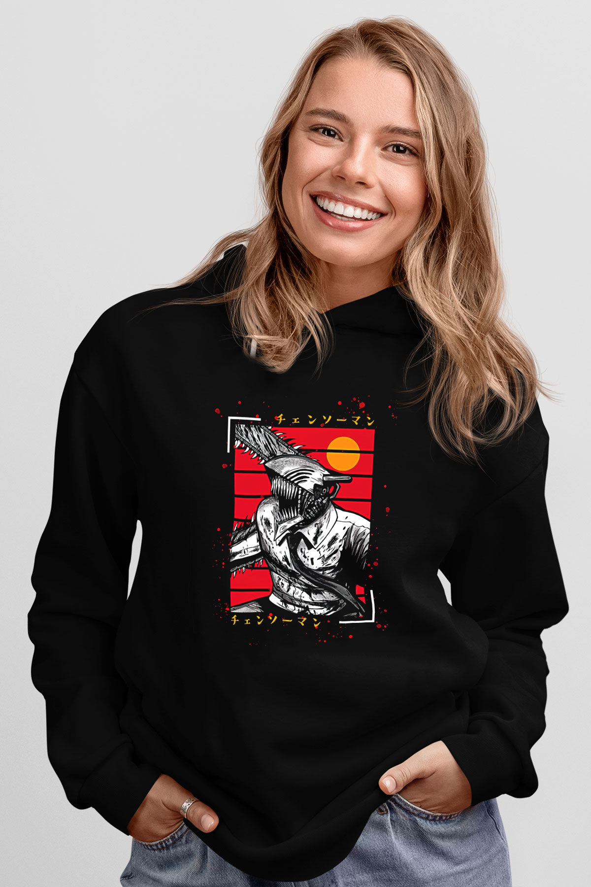 Chainsaw Man Baskılı Unisex Siyah Hoodie