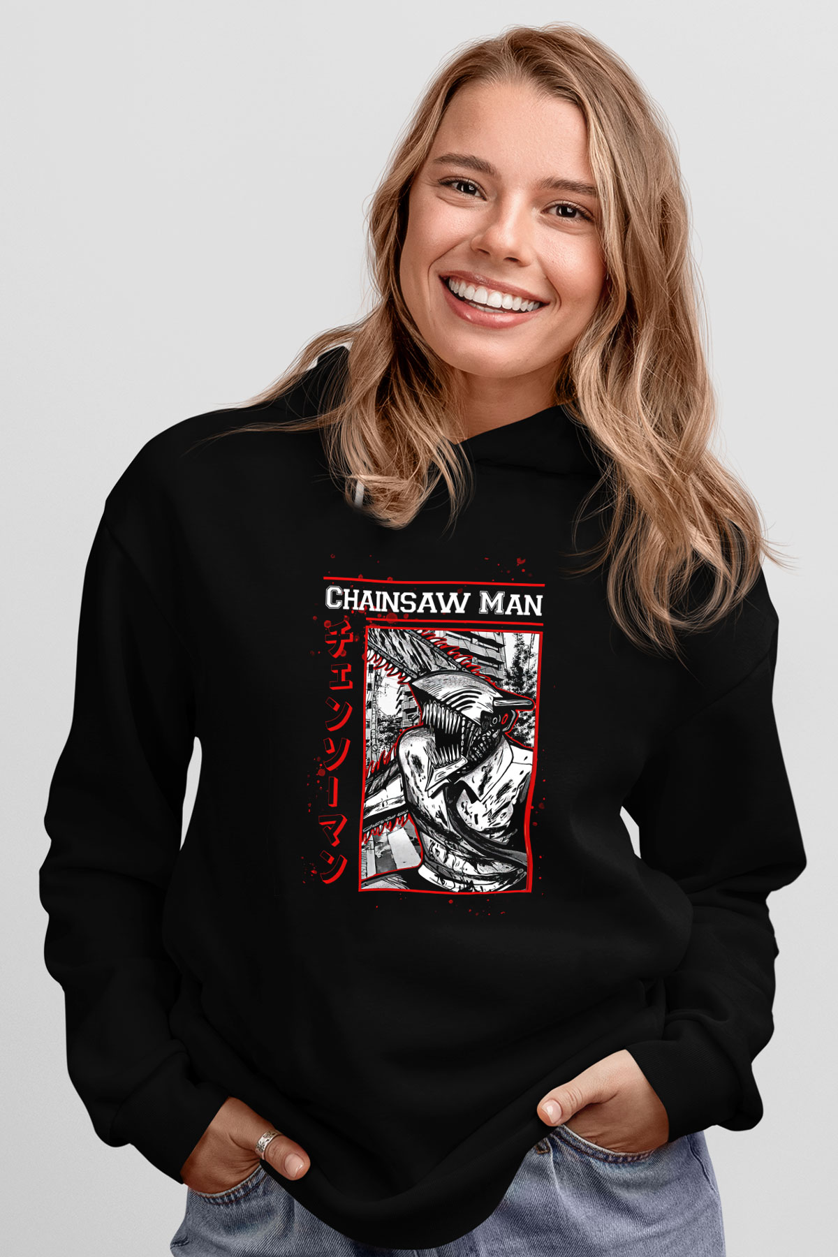 Chainsaw Man Baskılı Unisex Siyah Hoodie