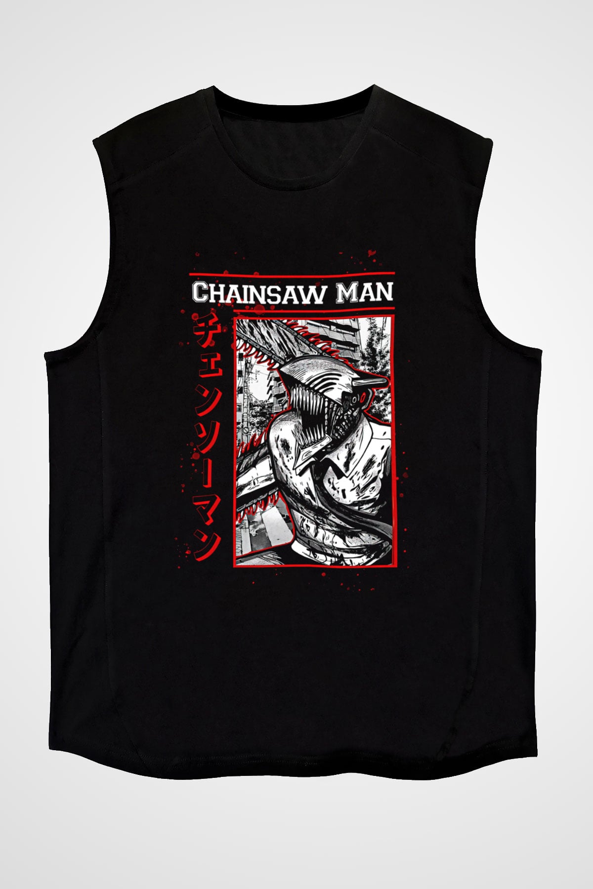 Chainsaw Man Baskılı Unisex Siyah Kolsuz Tişört - Tshirt