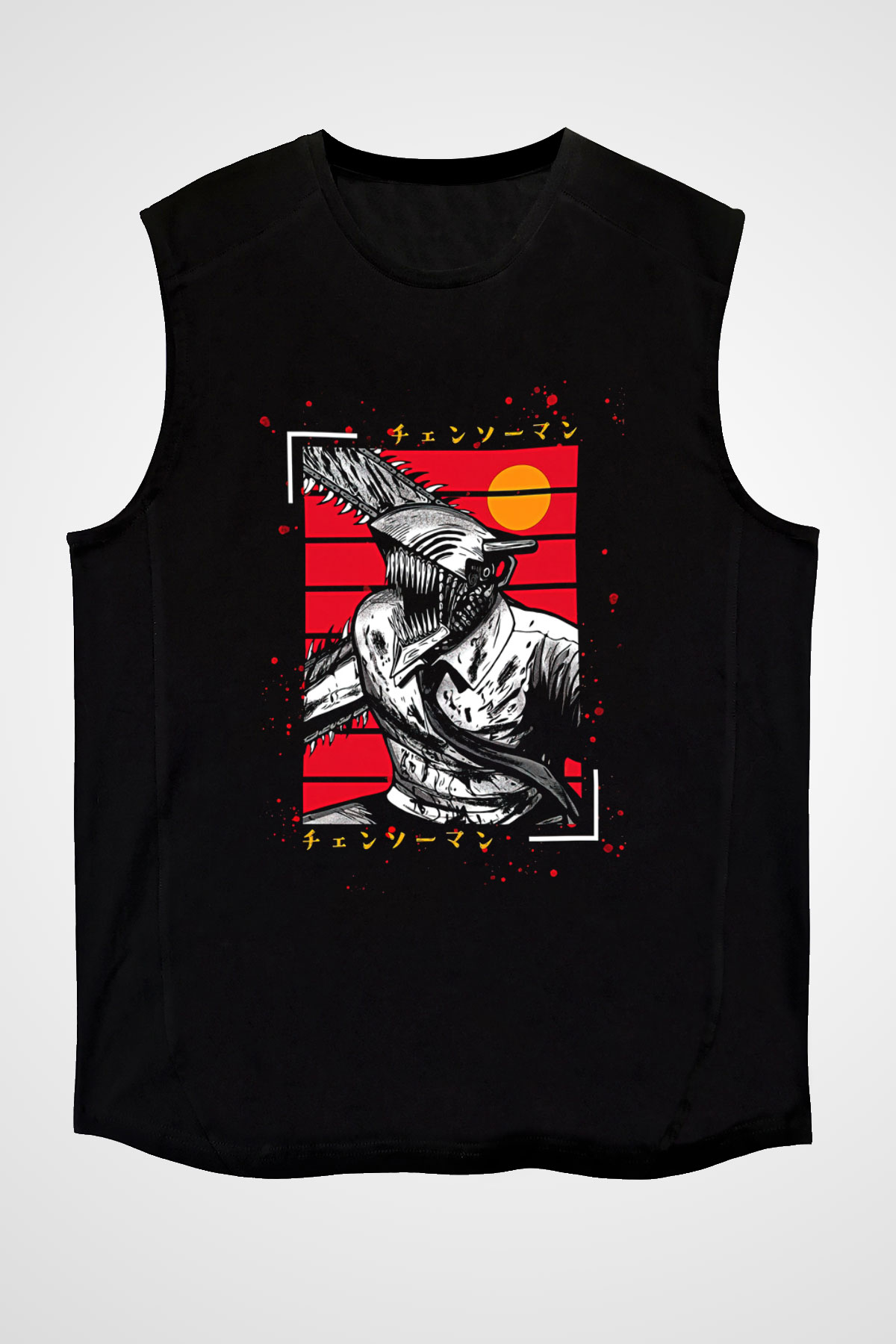 Chainsaw Man Baskılı Unisex Siyah Kolsuz Tişört - Tshirt
