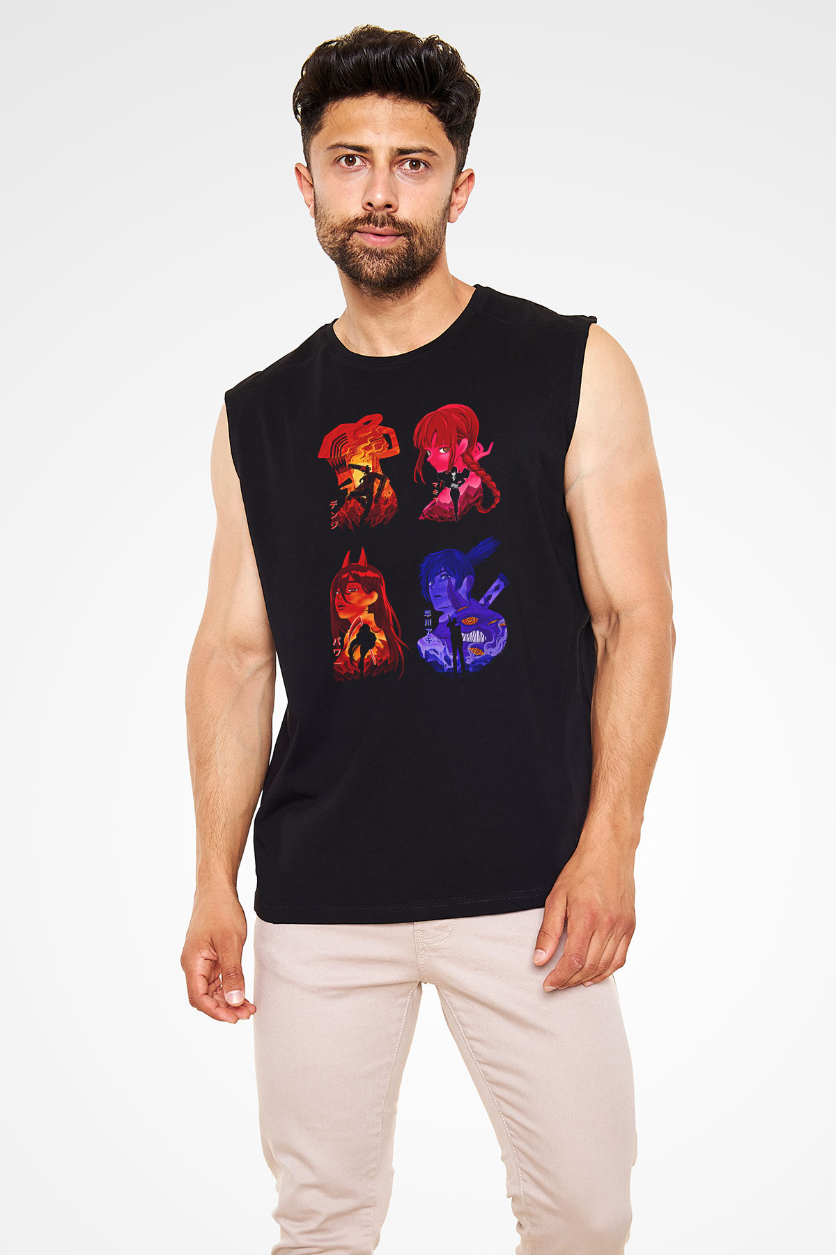 Chainsaw Man Baskılı Unisex Siyah Kolsuz Tişört - Tshirt