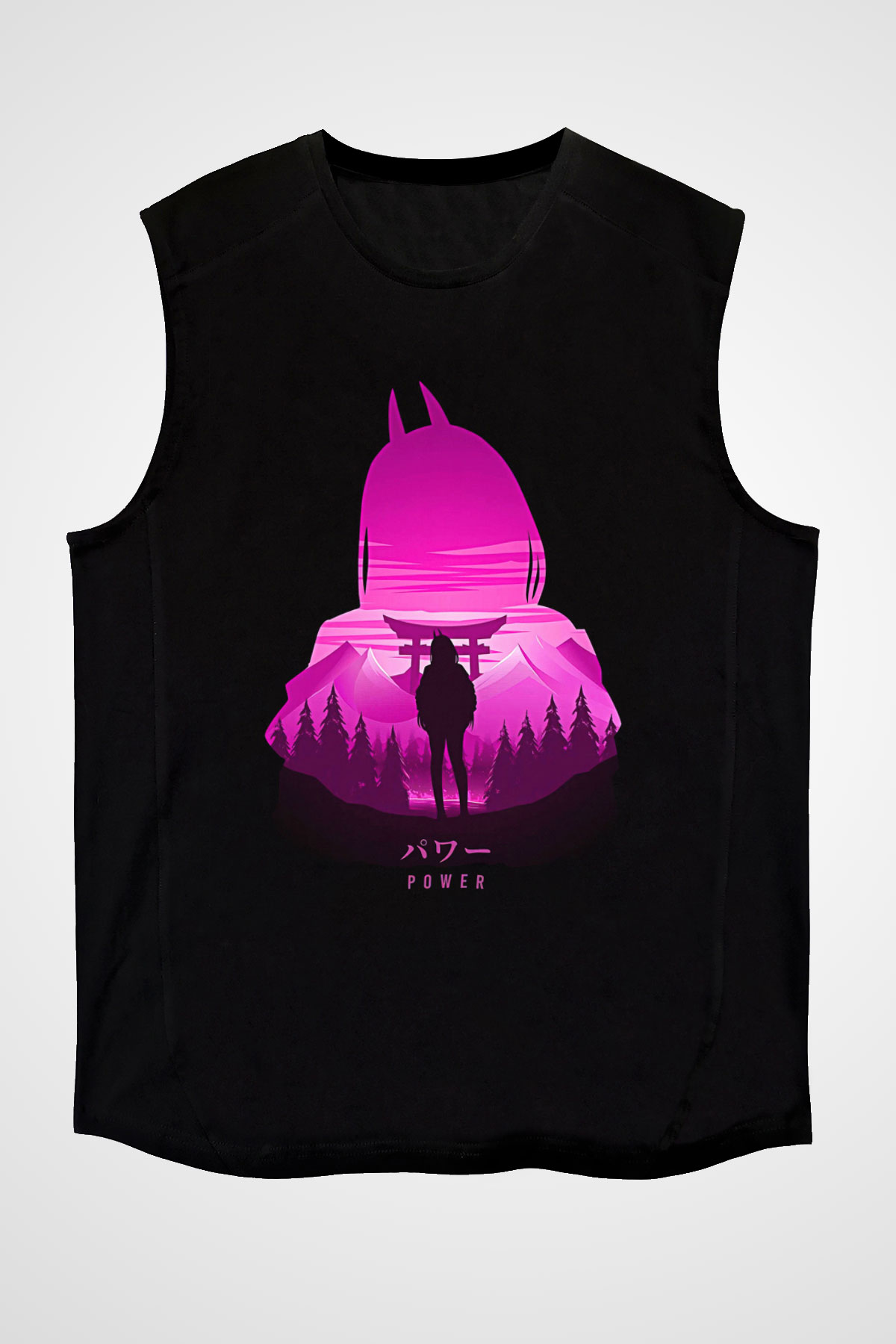 Chainsaw Man Baskılı Unisex Siyah Kolsuz Tişört - Tshirt