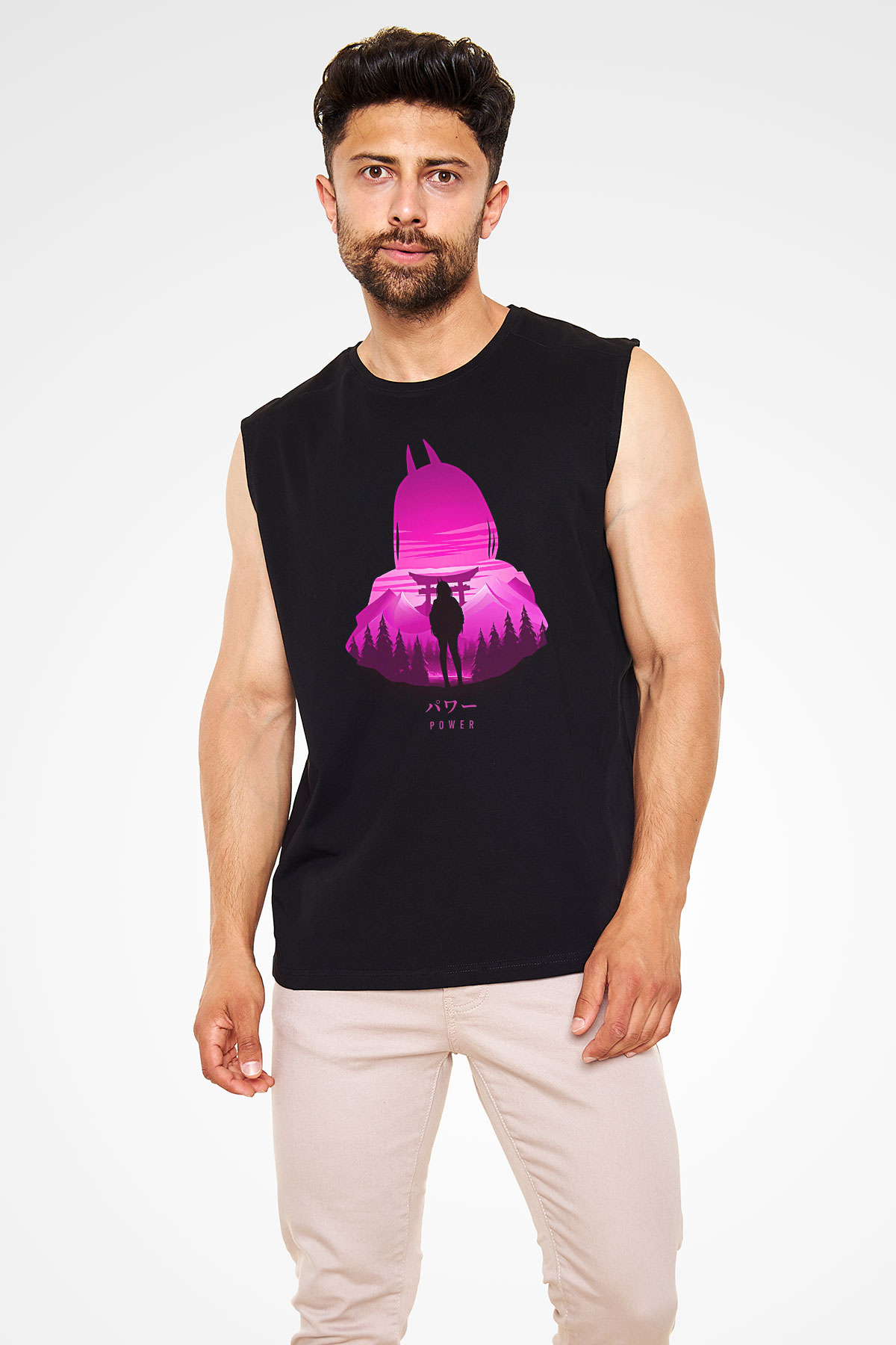 Chainsaw Man Baskılı Unisex Siyah Kolsuz Tişört - Tshirt