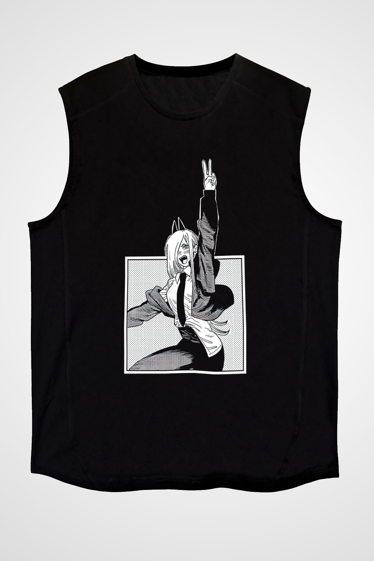 Chainsaw Man Baskılı Unisex Siyah Kolsuz Tişört - Tshirt