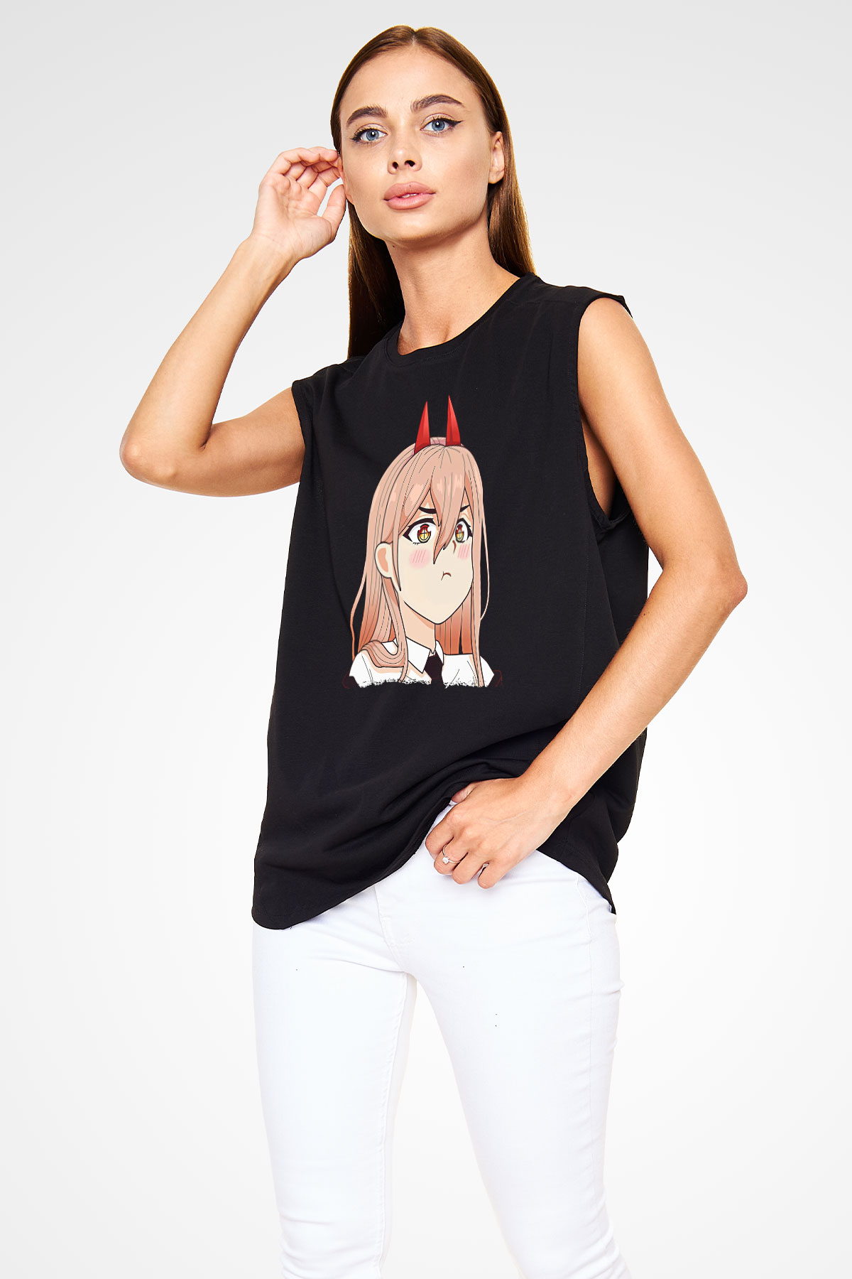 Chainsaw Man Baskılı Unisex Siyah Kolsuz Tişört - Tshirt