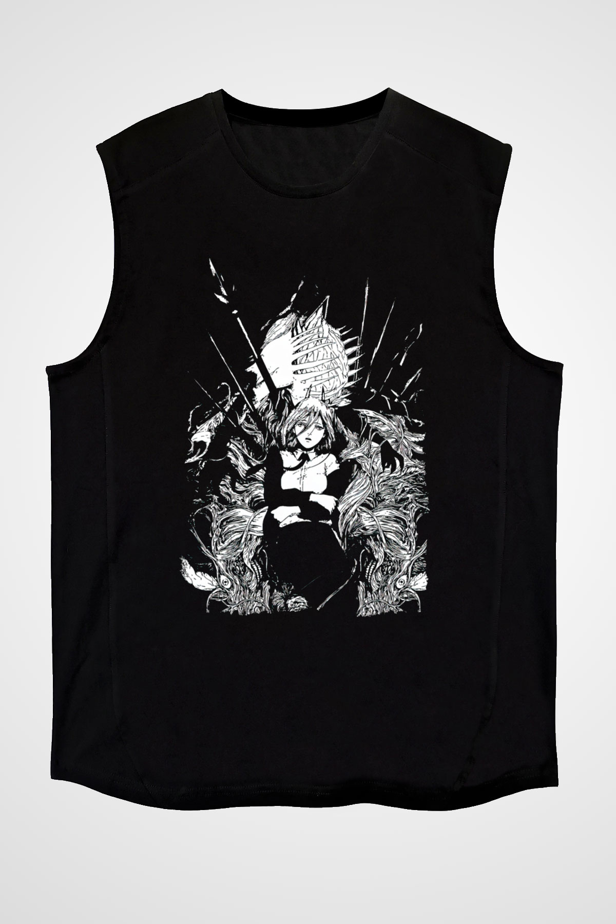 Chainsaw Man Baskılı Unisex Siyah Kolsuz Tişört - Tshirt