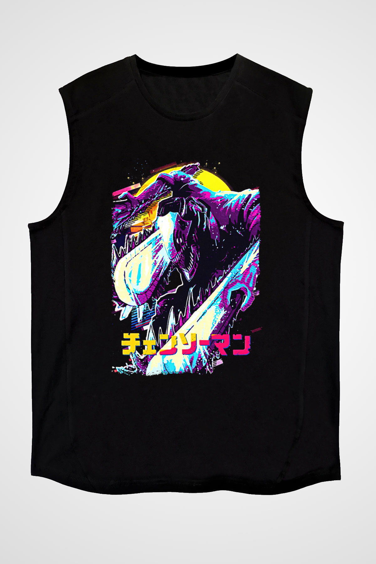 Chainsaw Man Baskılı Unisex Siyah Kolsuz Tişört - Tshirt