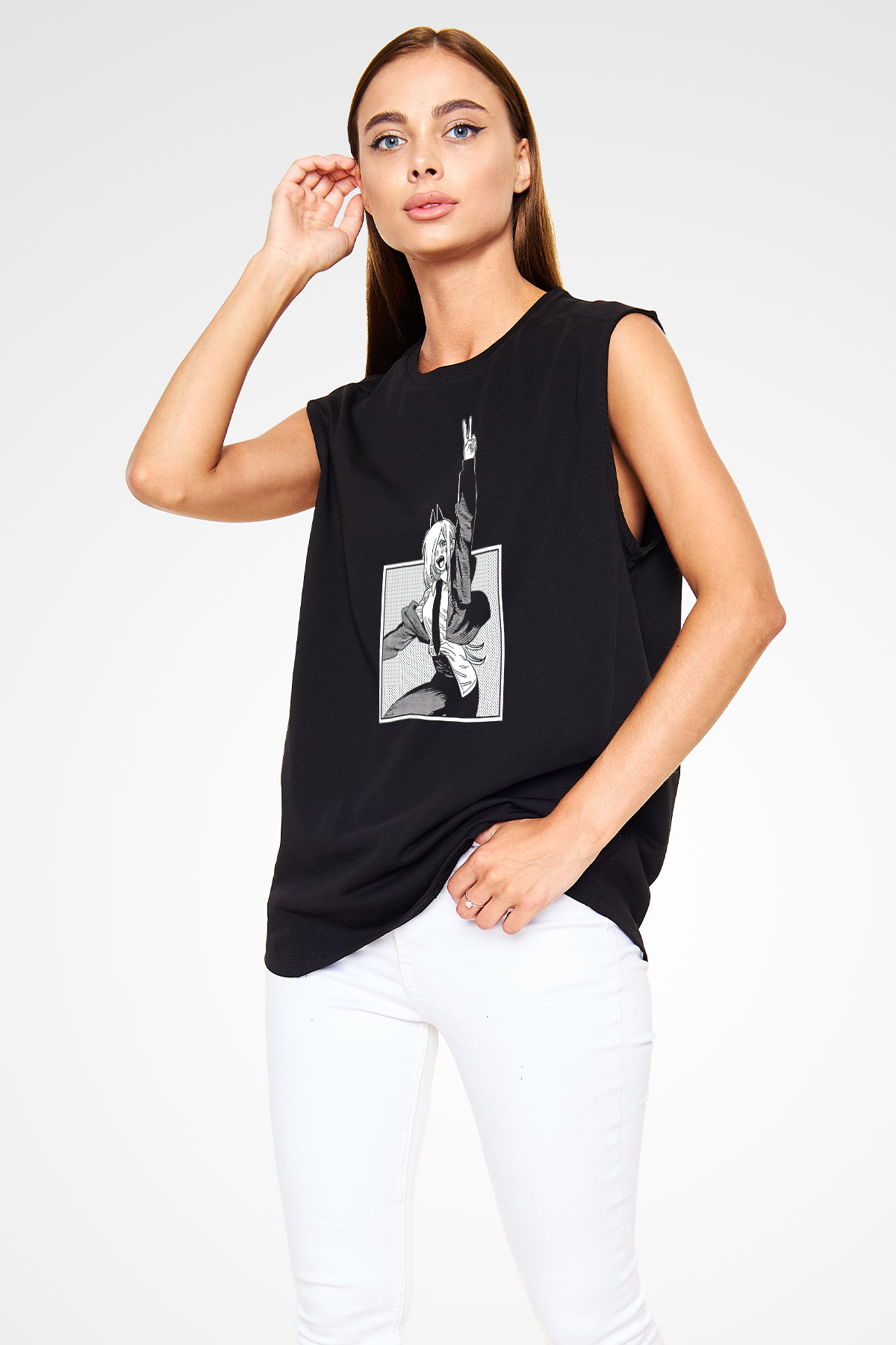 Chainsaw Man Baskılı Unisex Siyah Kolsuz Tişört - Tshirt