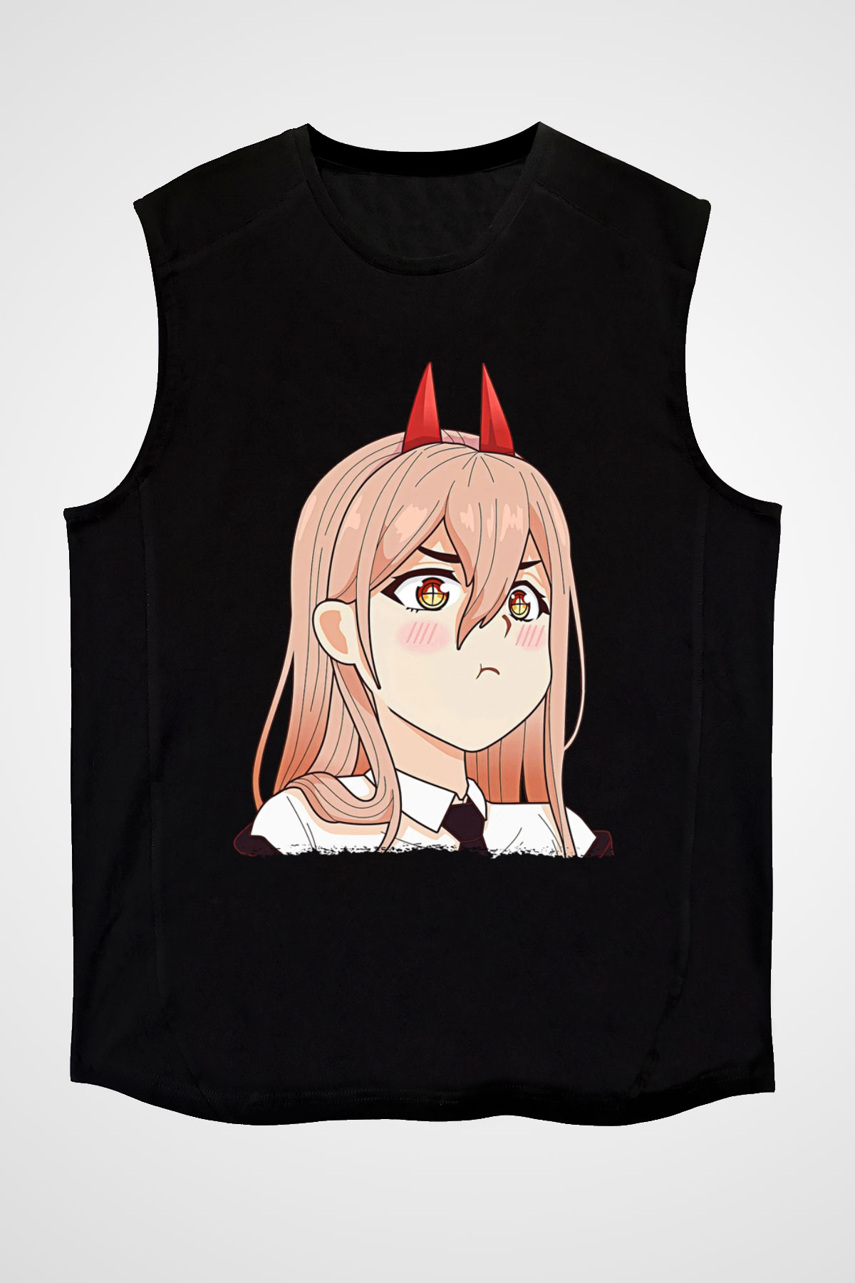 Chainsaw Man Baskılı Unisex Siyah Kolsuz Tişört - Tshirt