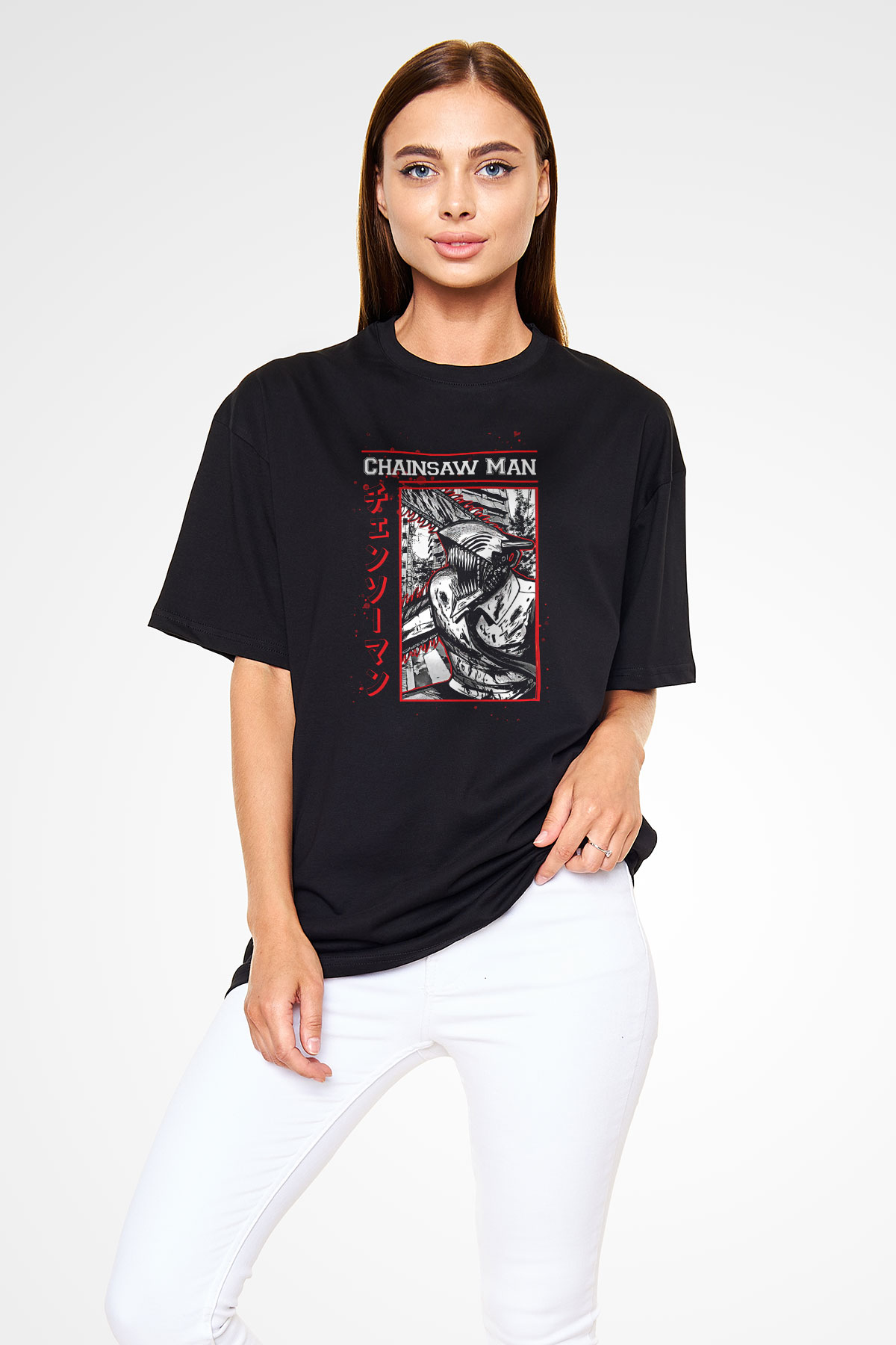 Chainsaw Man Baskılı Unisex Siyah Oversize Tişört - Tshirt