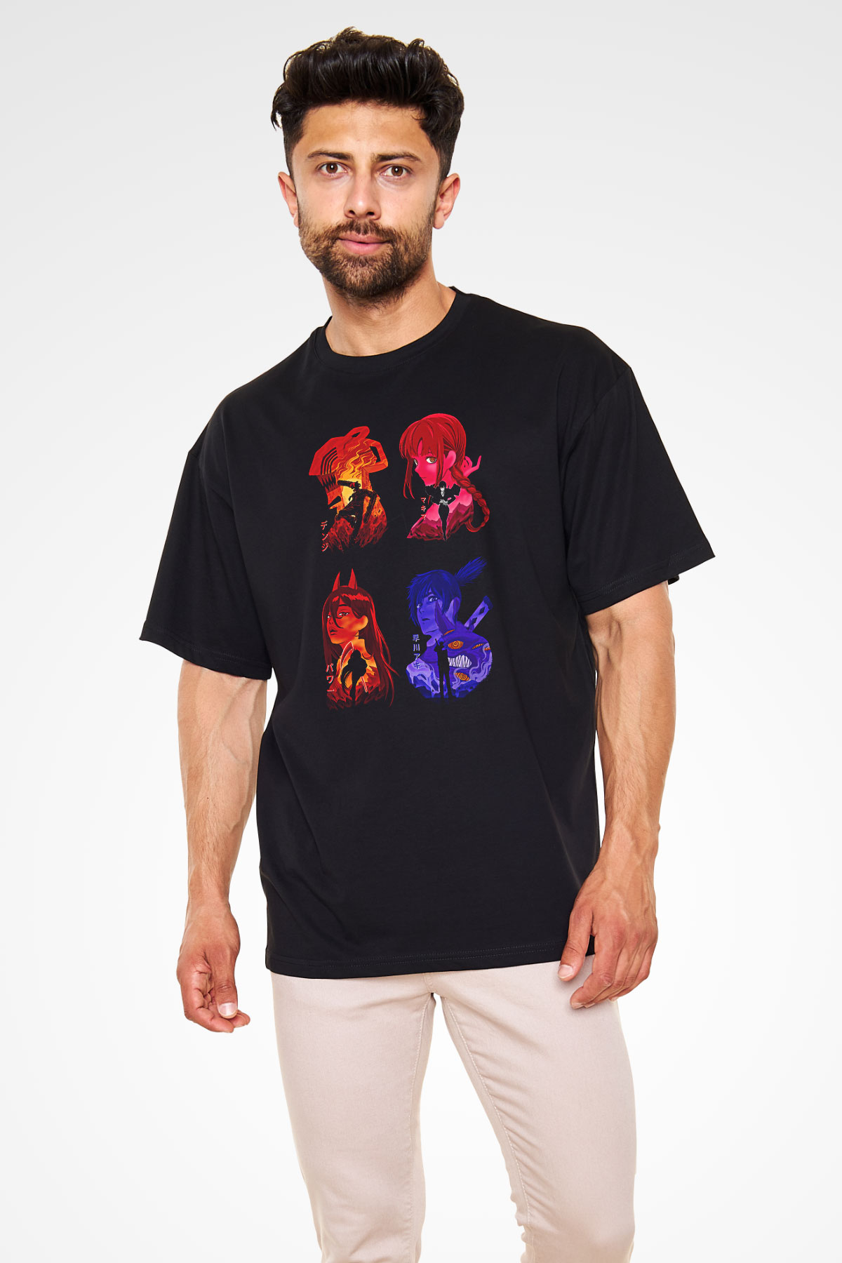 Chainsaw Man Baskılı Unisex Siyah Oversize Tişört - Tshirt