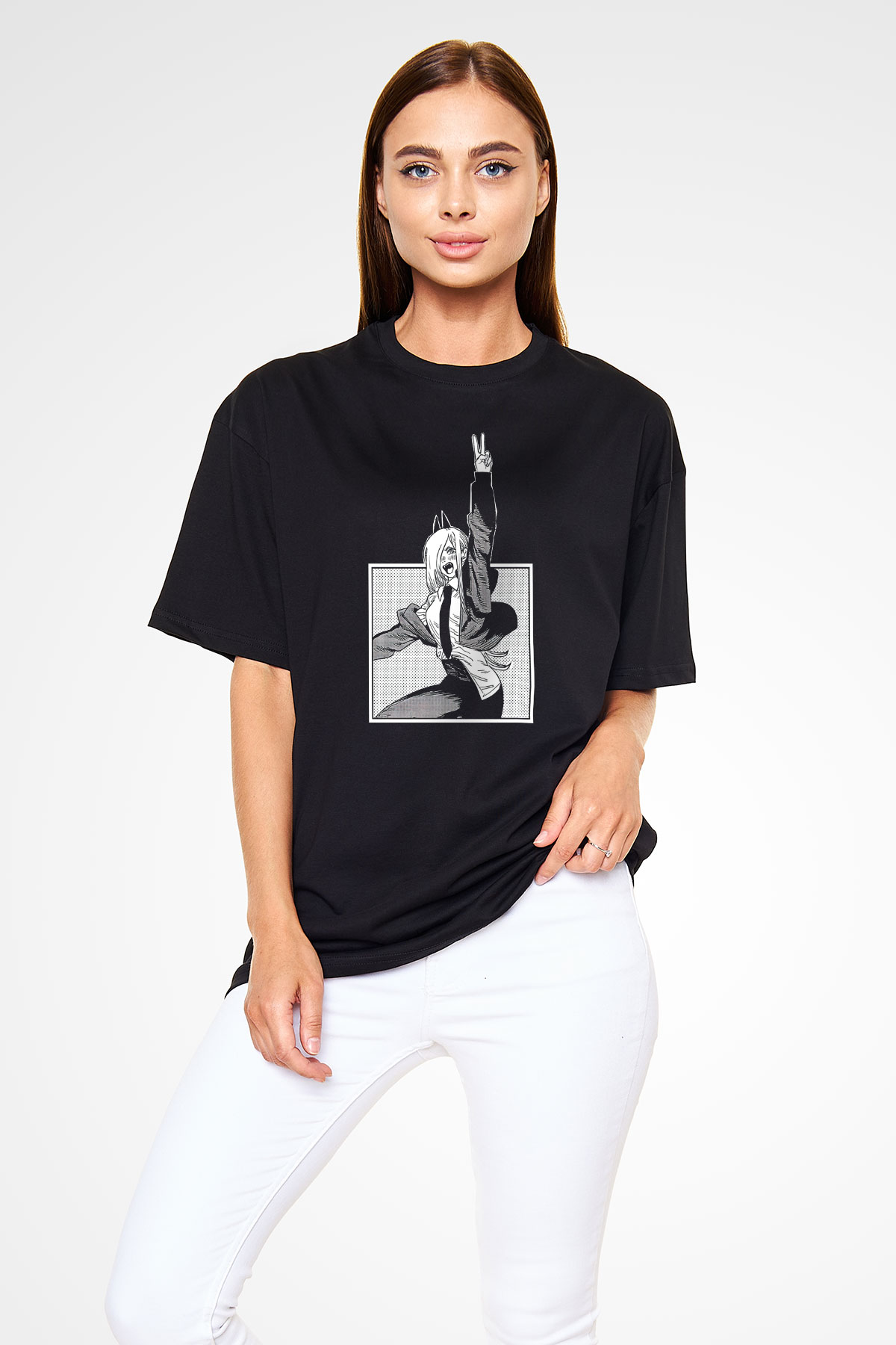 Chainsaw Man Baskılı Unisex Siyah Oversize Tişört - Tshirt