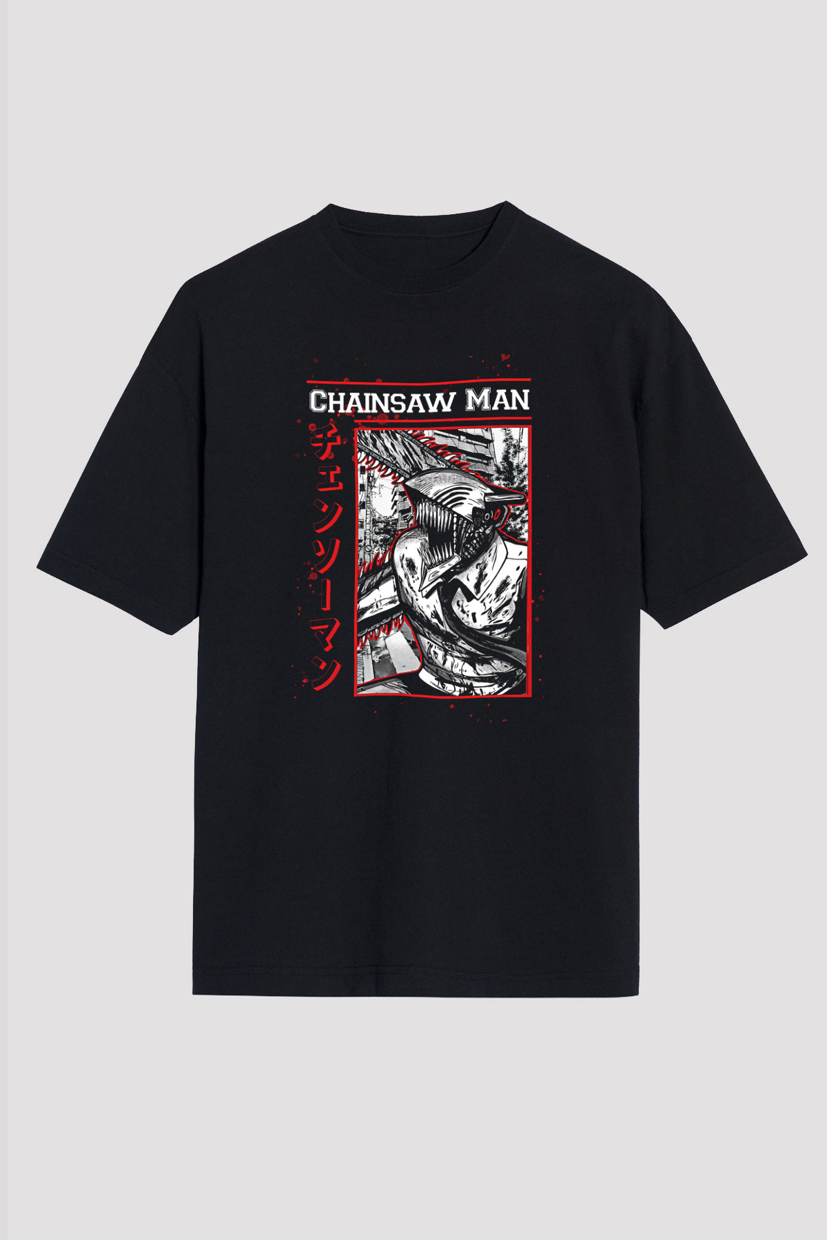 Chainsaw Man Baskılı Unisex Siyah Oversize Tişört - Tshirt