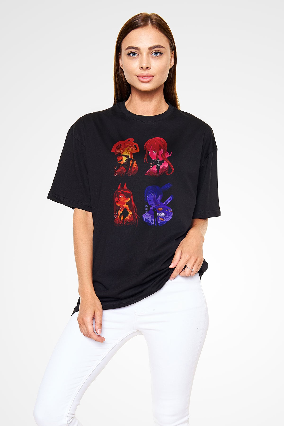 Chainsaw Man Baskılı Unisex Siyah Oversize Tişört - Tshirt