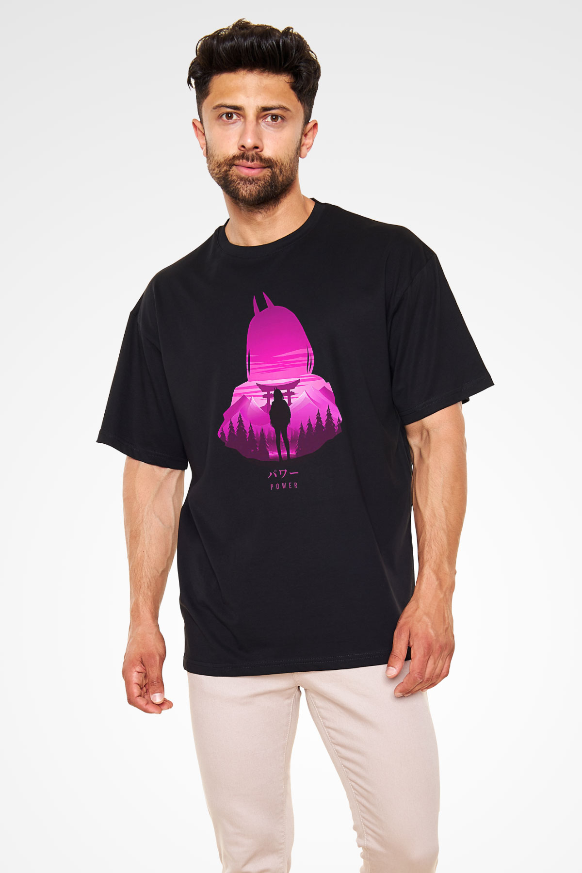 Chainsaw Man Baskılı Unisex Siyah Oversize Tişört - Tshirt