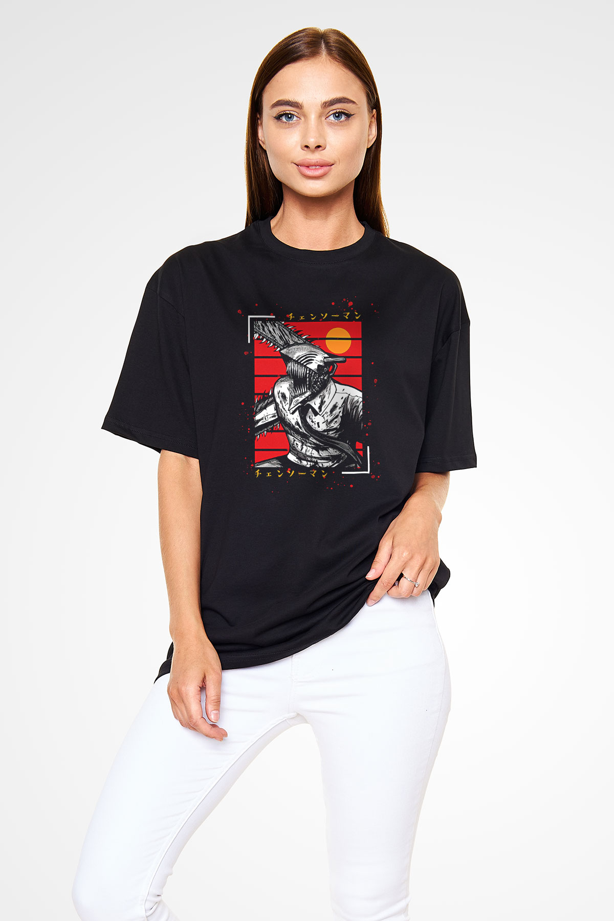 Chainsaw Man Baskılı Unisex Siyah Oversize Tişört - Tshirt
