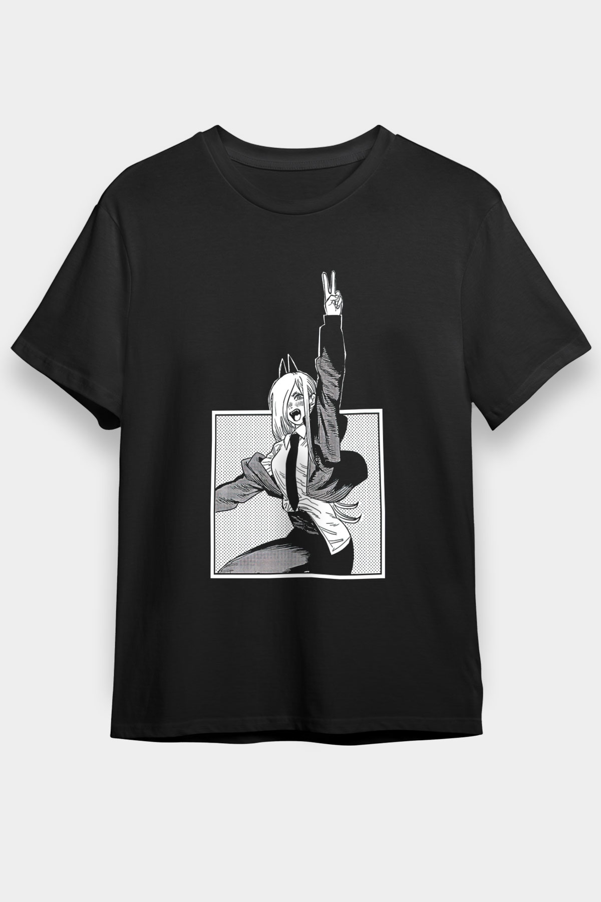 Chainsaw Man Baskılı Unisex Siyah Tişört - Tshirt