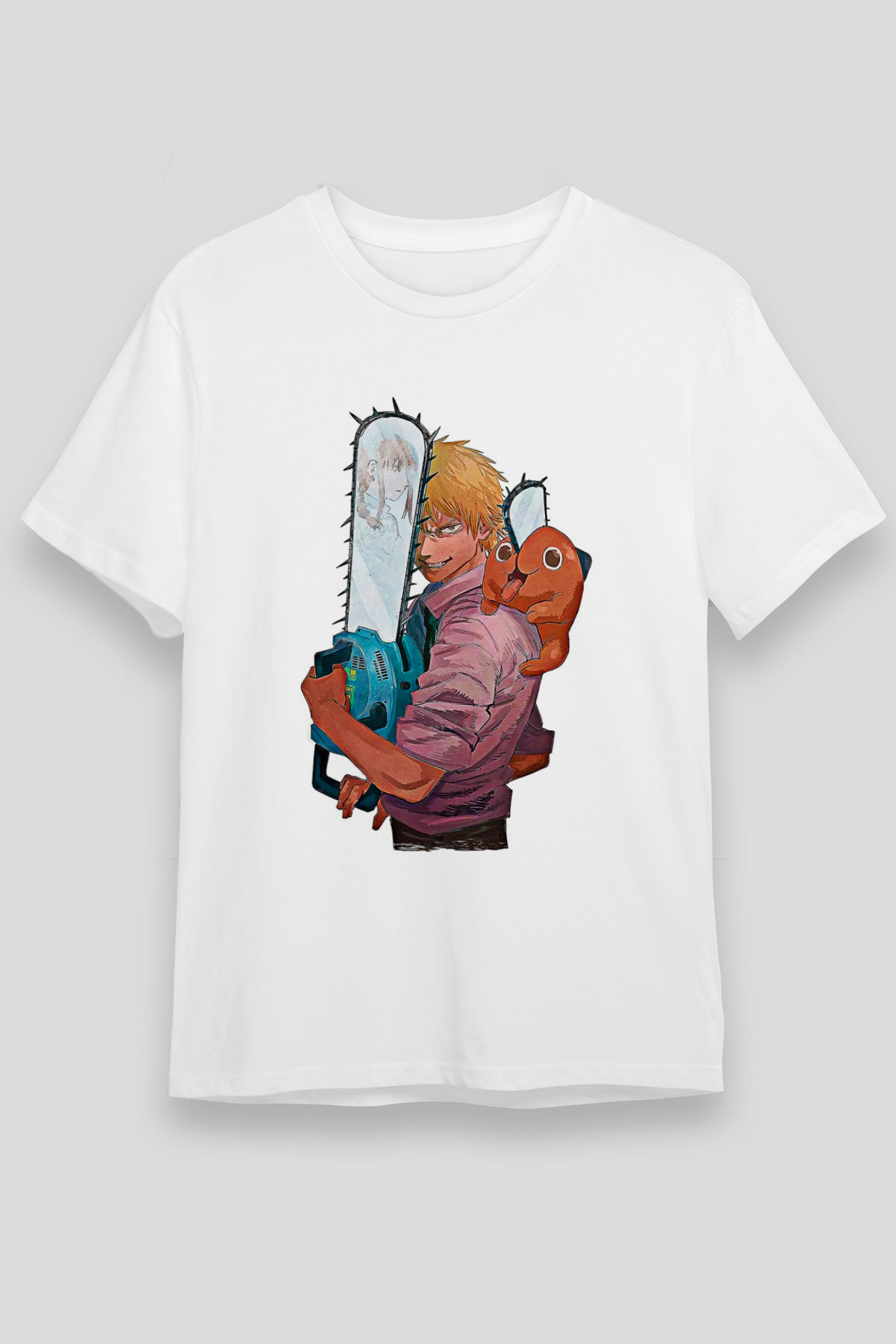 Chainsaw Man Unisex Baskılı Beyaz Tişört - Tshirt