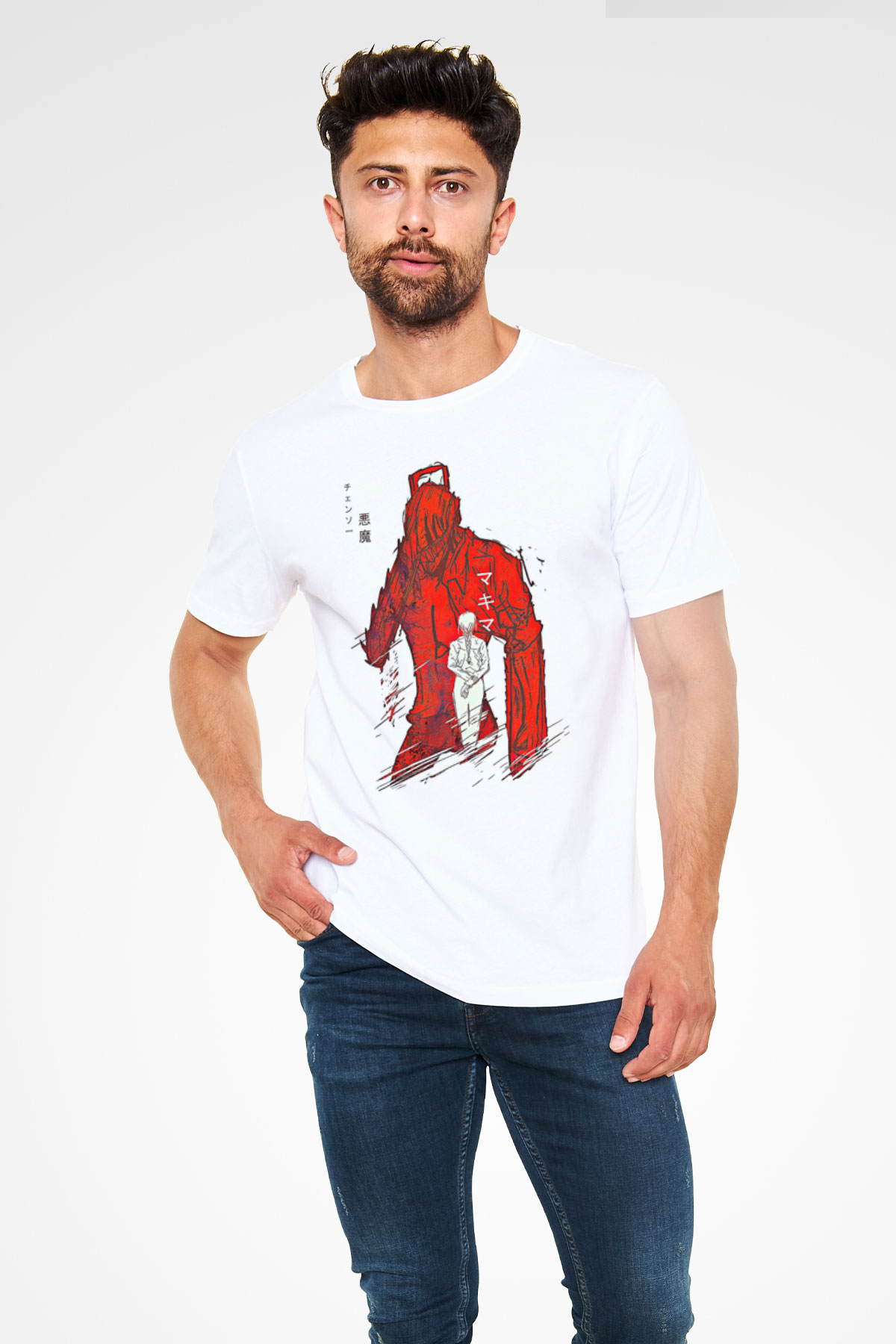 Chainsaw Man Unisex Baskılı Beyaz Tişört - Tshirt