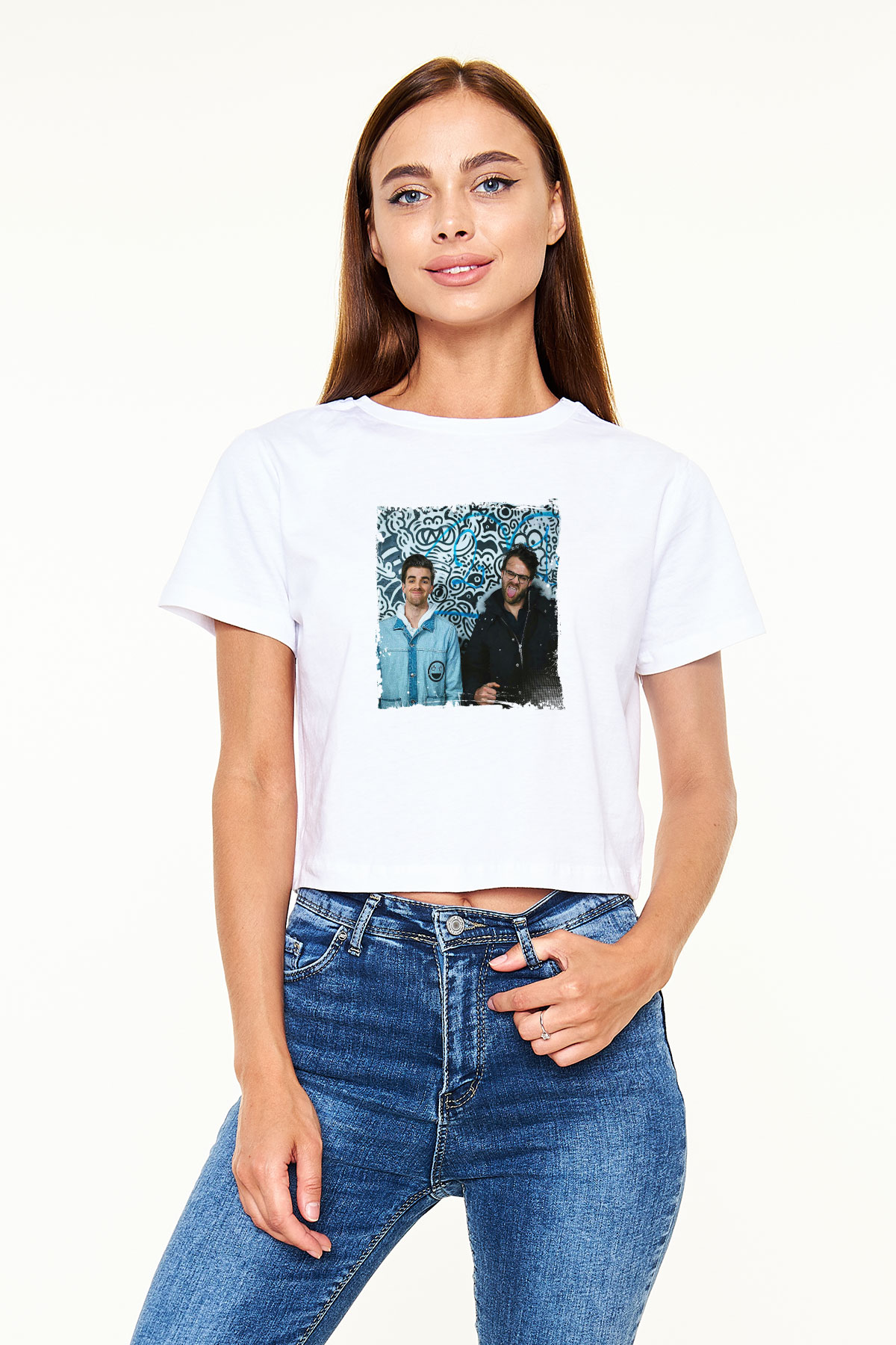 Chainsmokers Baskılı Beyaz Kadın Crop Top Tişört