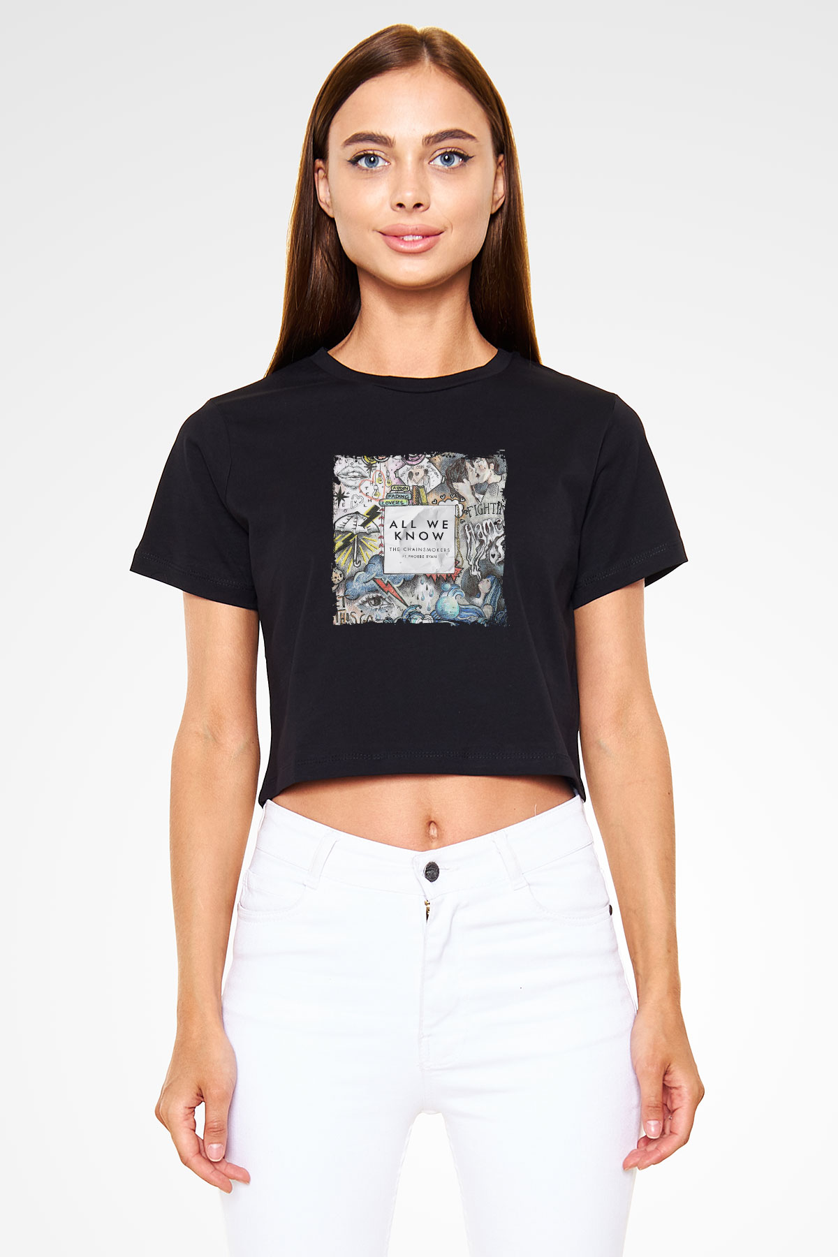 Chainsmokers Baskılı Crop Top Siyah Kadın Tişört