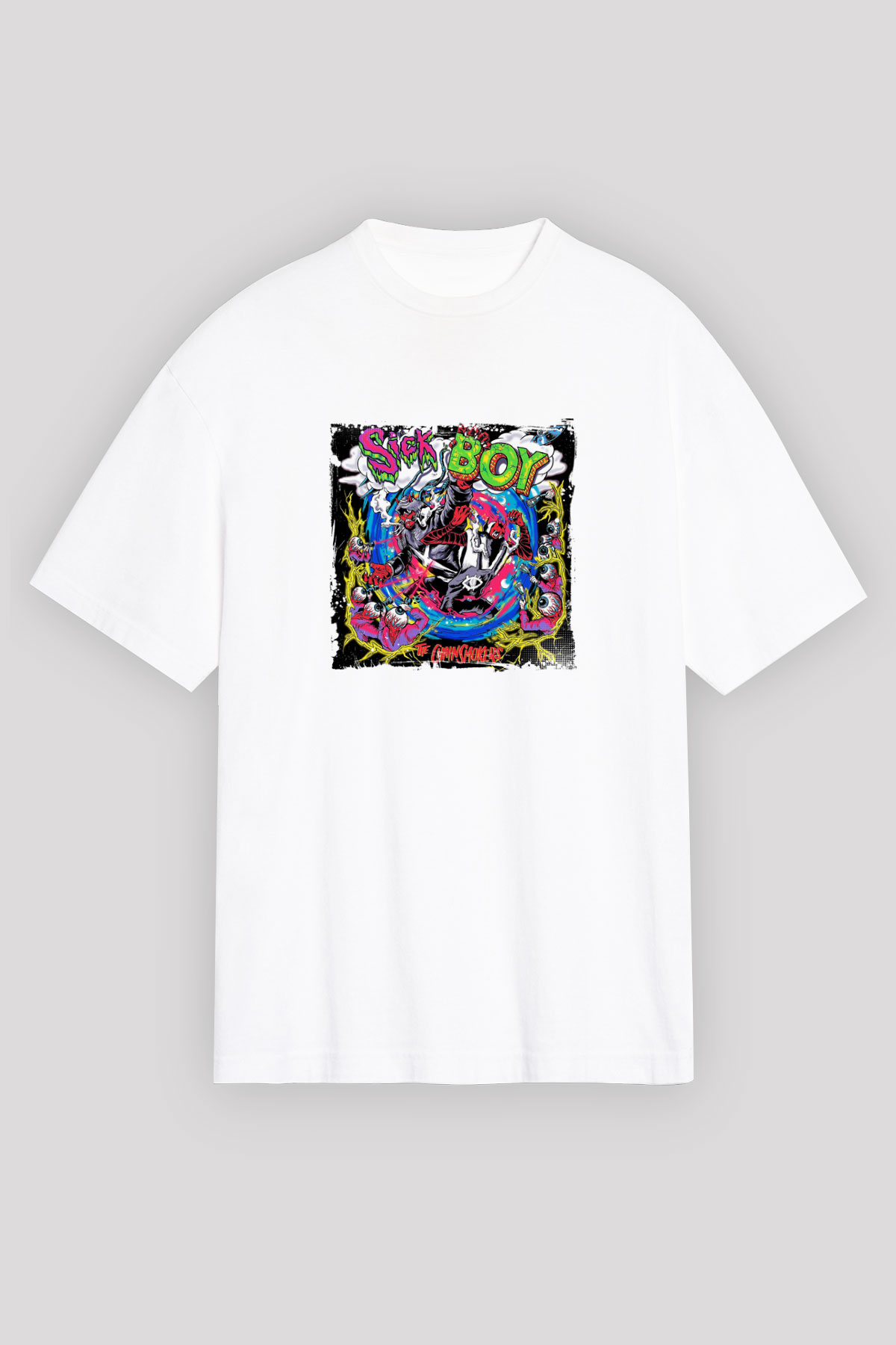 ChainsmokersBaskılı Beyaz Oversize Tişört