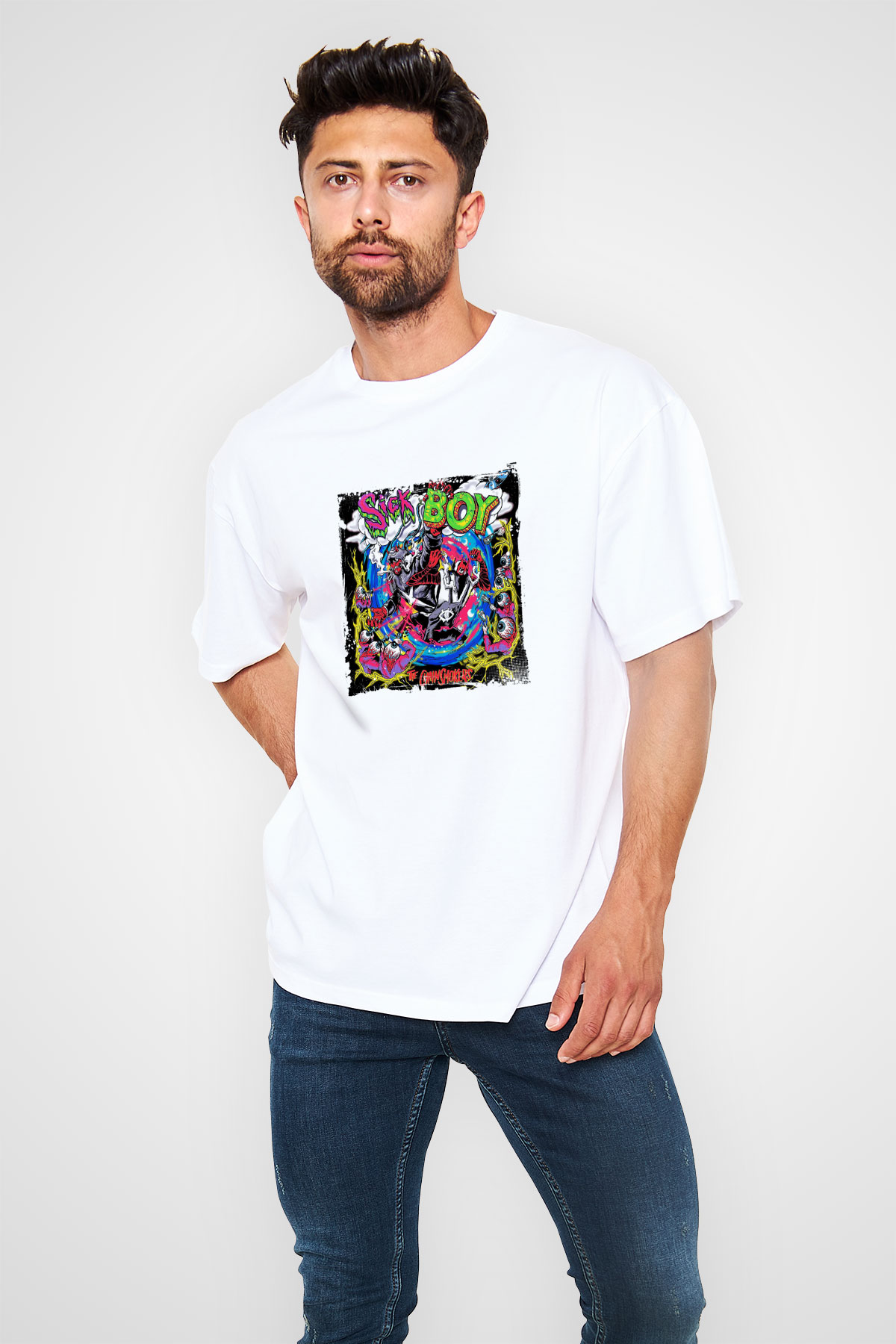 ChainsmokersBaskılı Beyaz Oversize Tişört