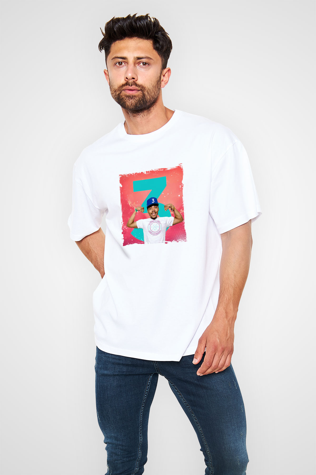 Chance The Rapper Baskılı Oversize Beyaz Tişört