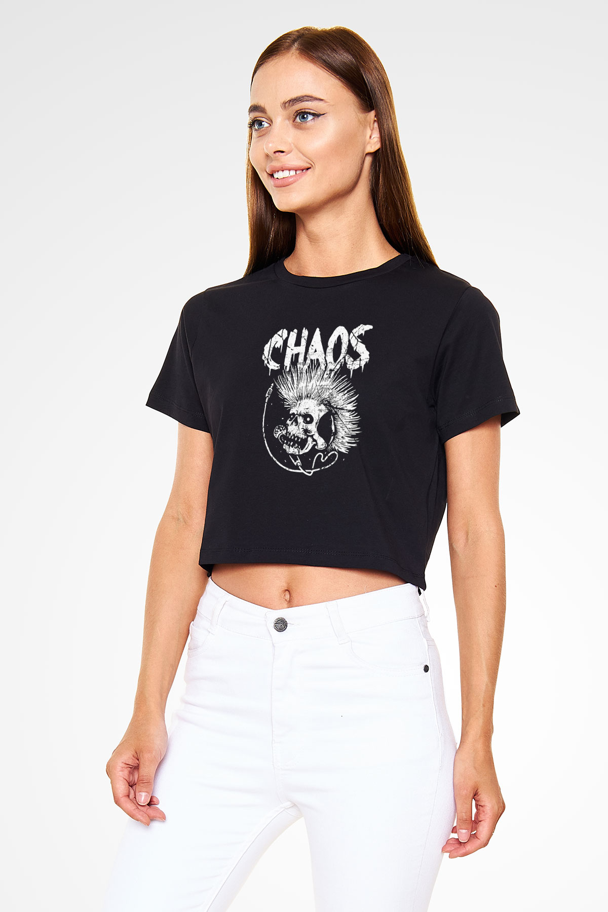 Chaos UK Baskılı Siyah Crop Top Kadın Tişört - Tshirt