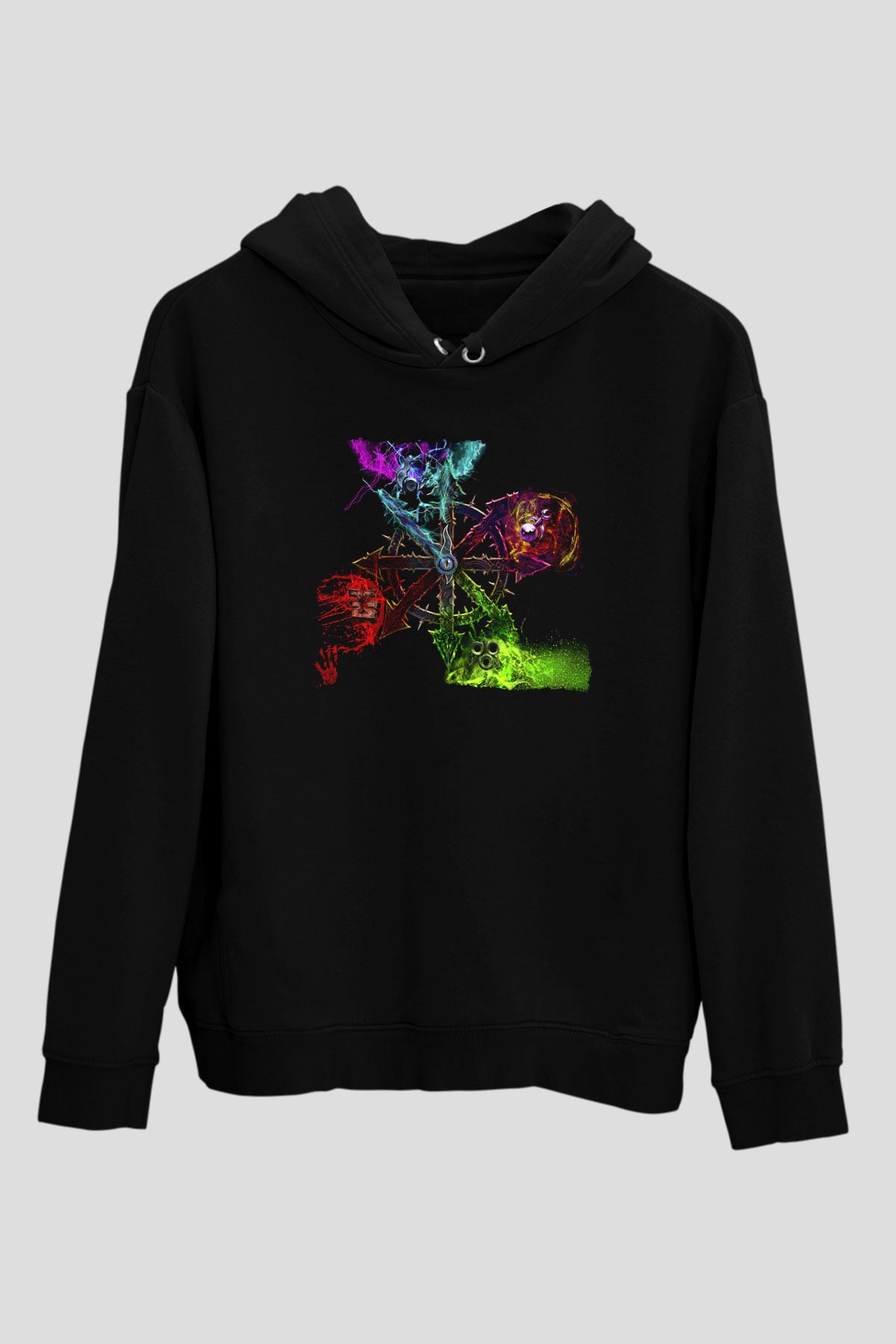 Chaos UK Baskılı Unisex Siyah Kapüşonlu Sweatshirt