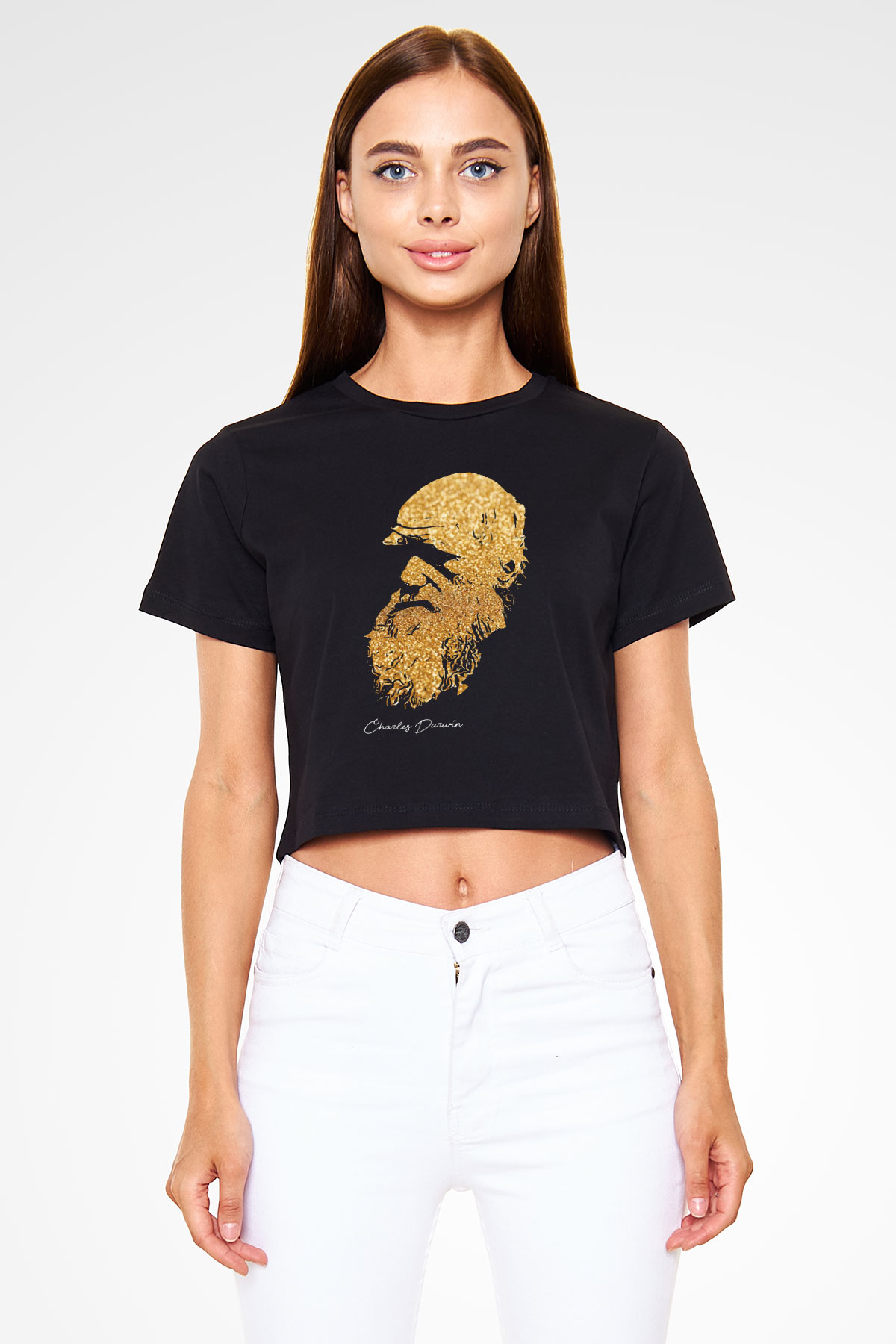 Charles Darwin Baskılı Crop Top Kadın Tİşört - Tshirt