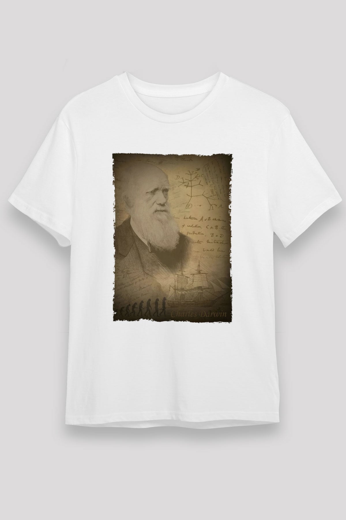 Charles Darwin Baskılı Unisex Beyaz Tişört - Tshirt