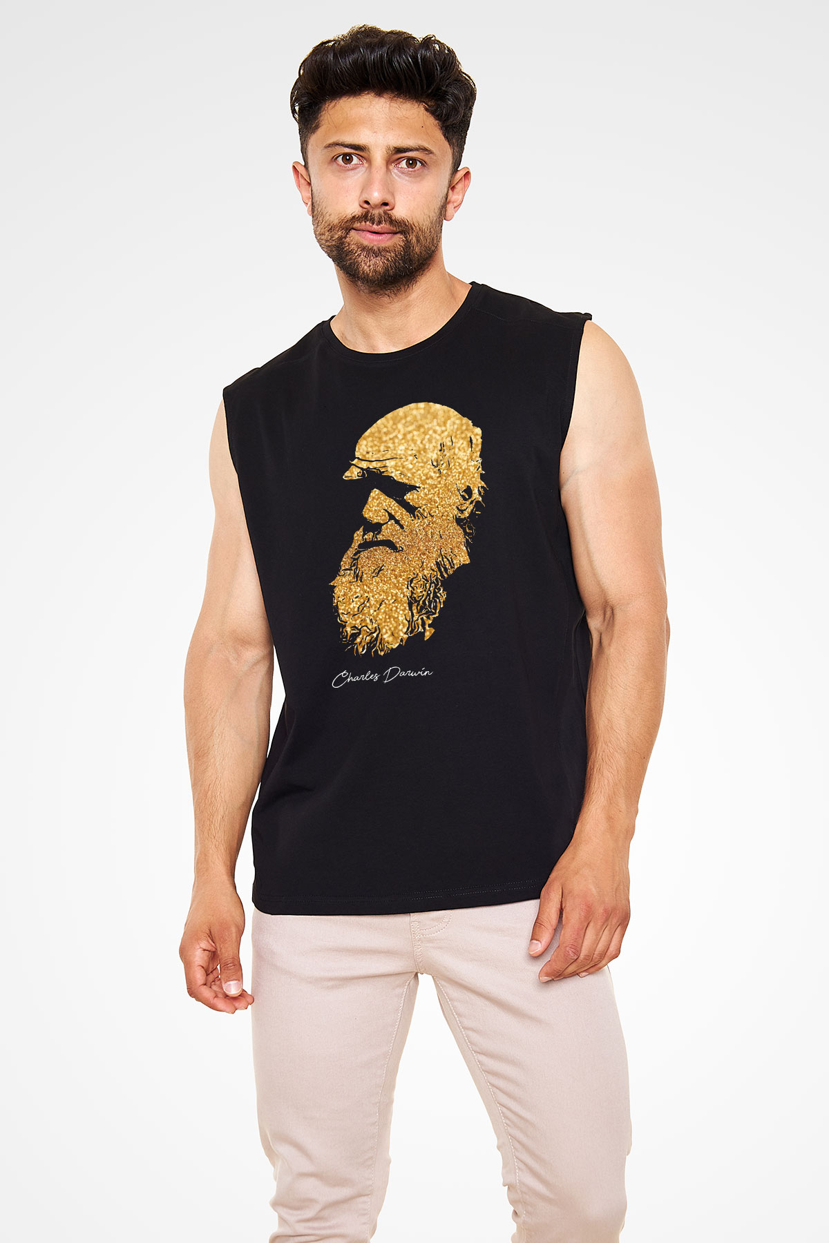 Charles Darwin Baskılı Unisex Kolsuz Siyah Tişört - Tshirt