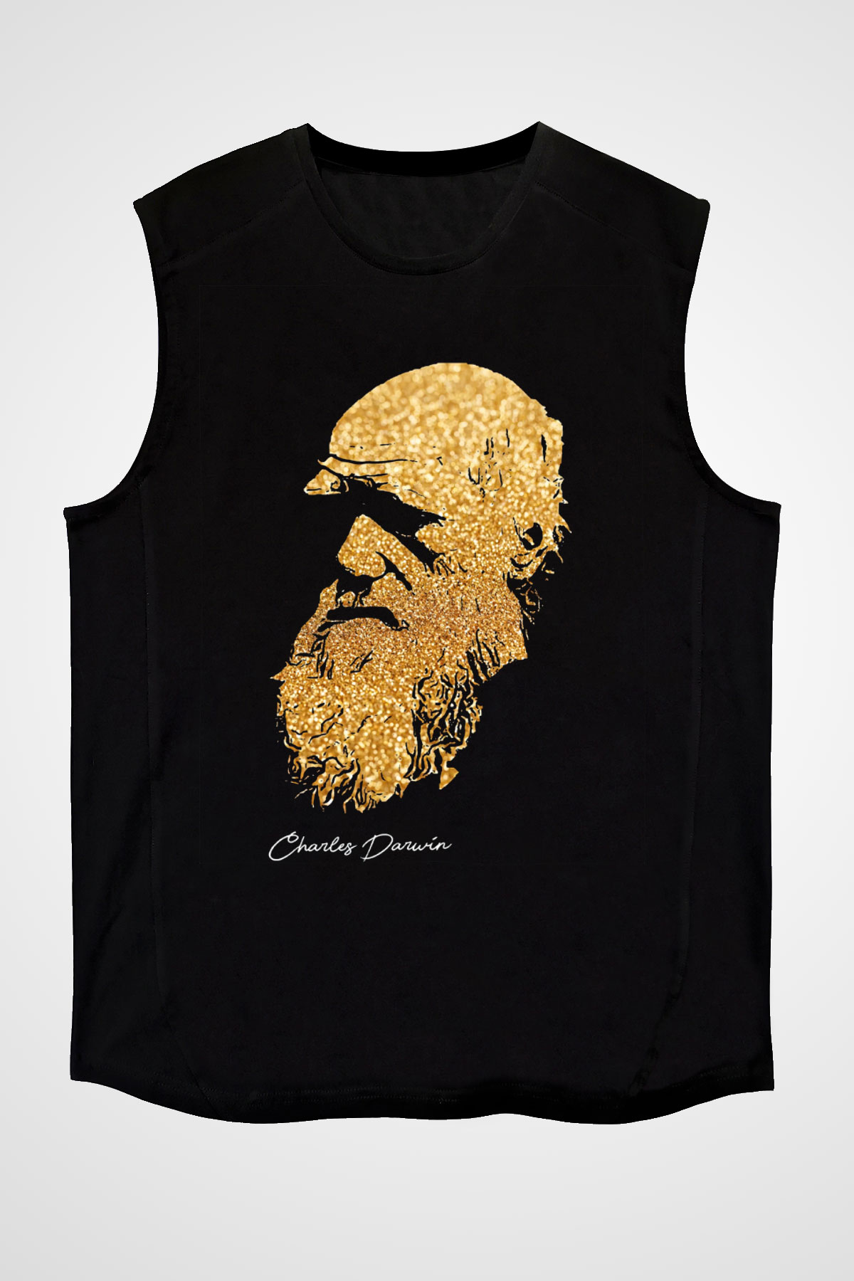 Charles Darwin Baskılı Unisex Kolsuz Siyah Tişört - Tshirt