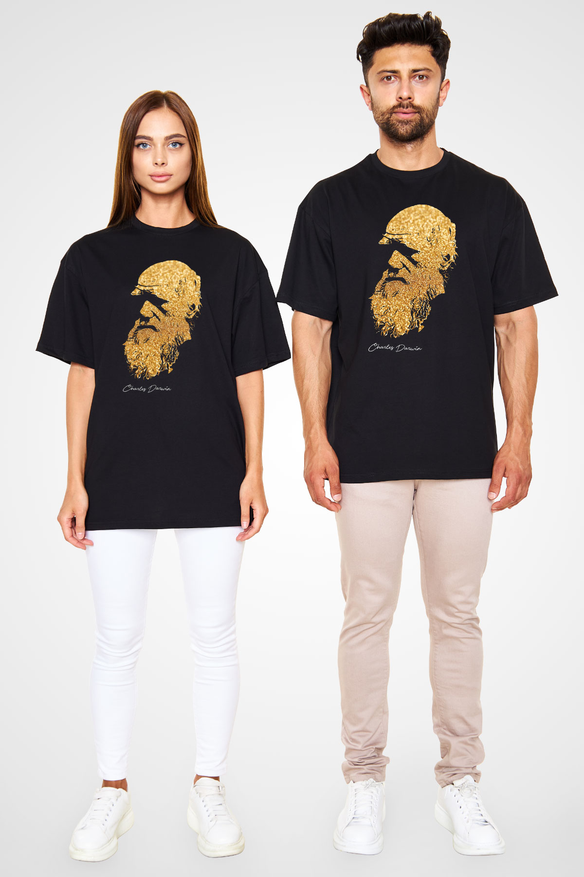 Charles Darwin Baskılı Unisex Oversize Tişört - Tshirt