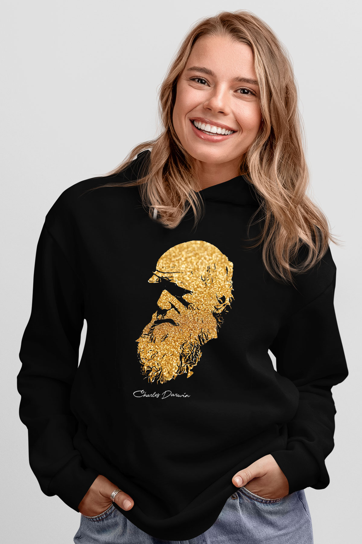 Charles Darwin Baskılı Unisex Siyah Hoodie