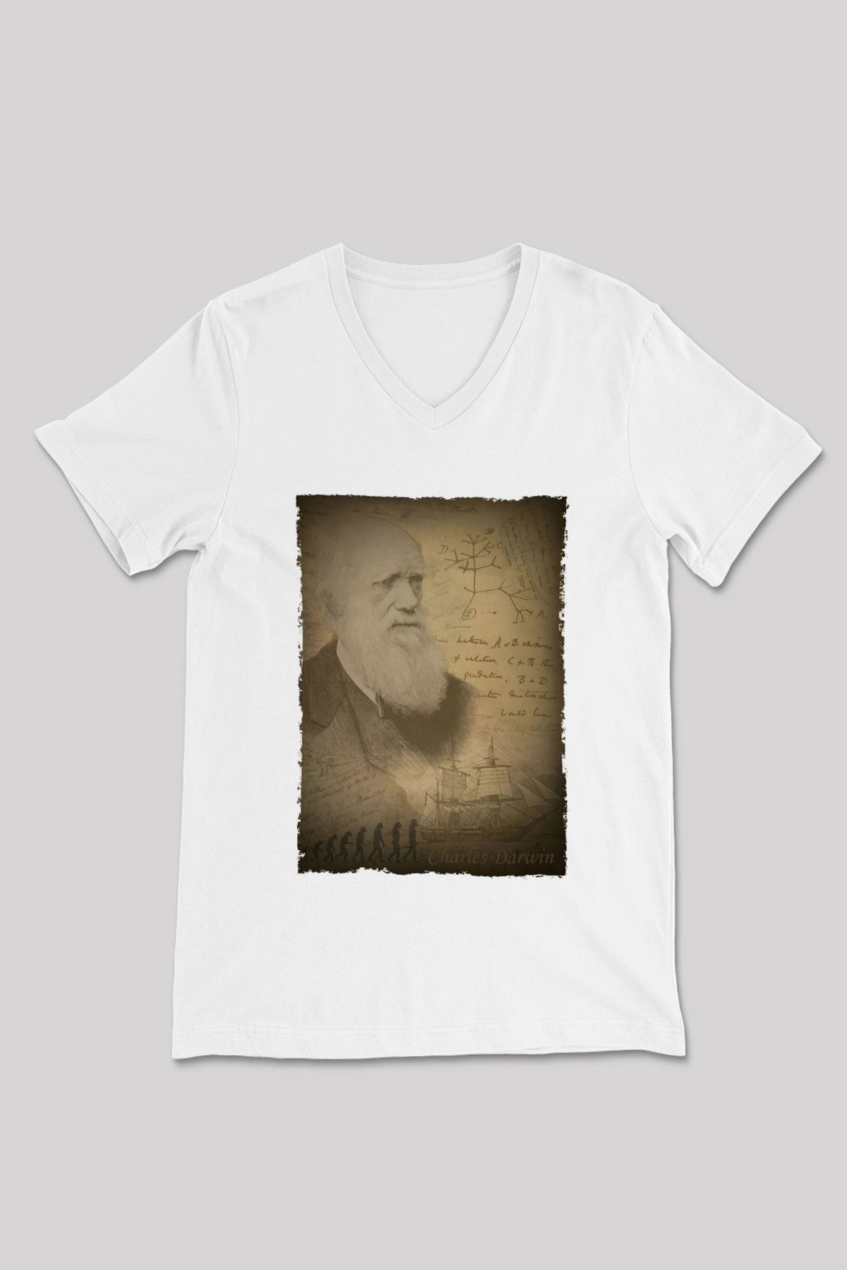 Charles Darwin Baskılı Unisex V Yaka Beyaz Tişört - Tshirt