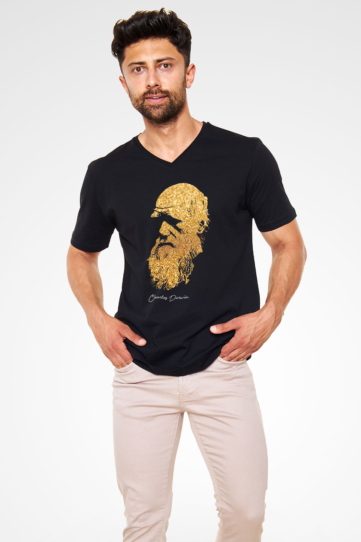 Charles Darwin Baskılı Unisex V Yaka Siyah Tİşört - Tshirt
