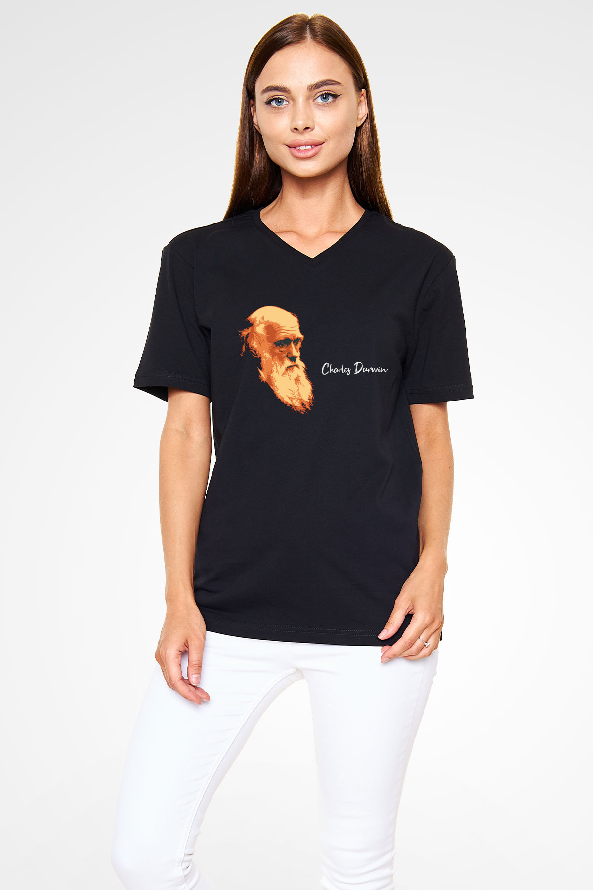 Charles Darwin Görseli Baskılı Unisex Siyah V Yaka Tişört