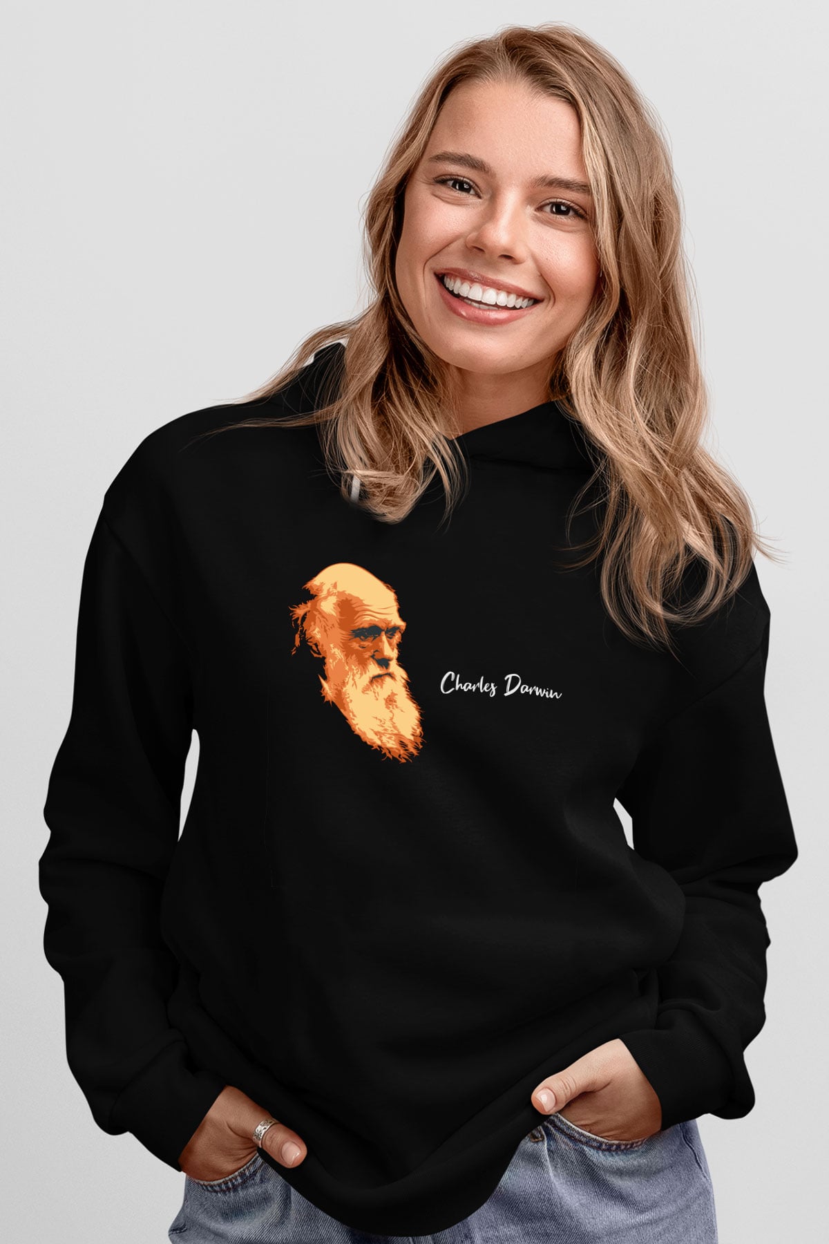 Charles Darwin Görseli Baskılı Unisex Siyah Hoodie