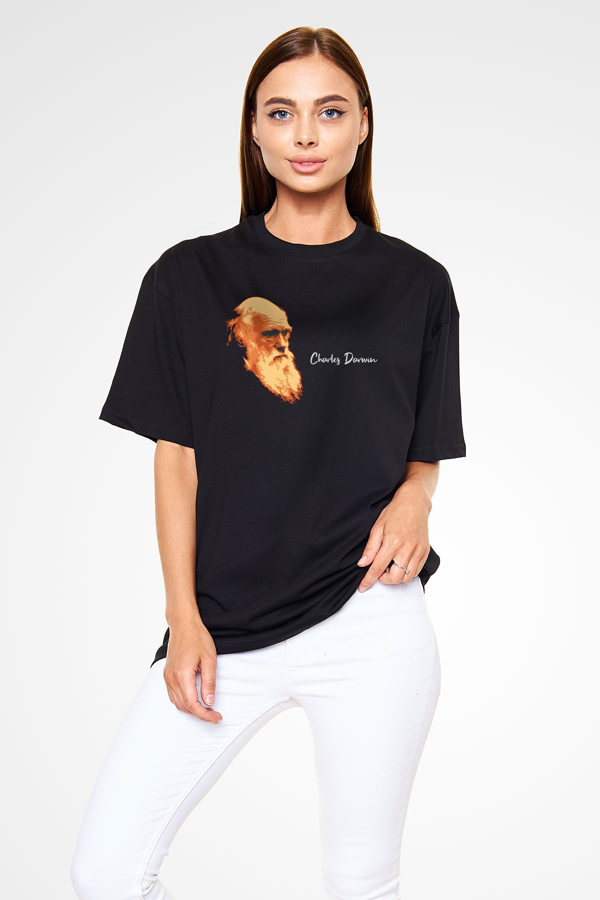 Charles Darwin Görseli Baskılı Unisex Siyah Oversize Tişört