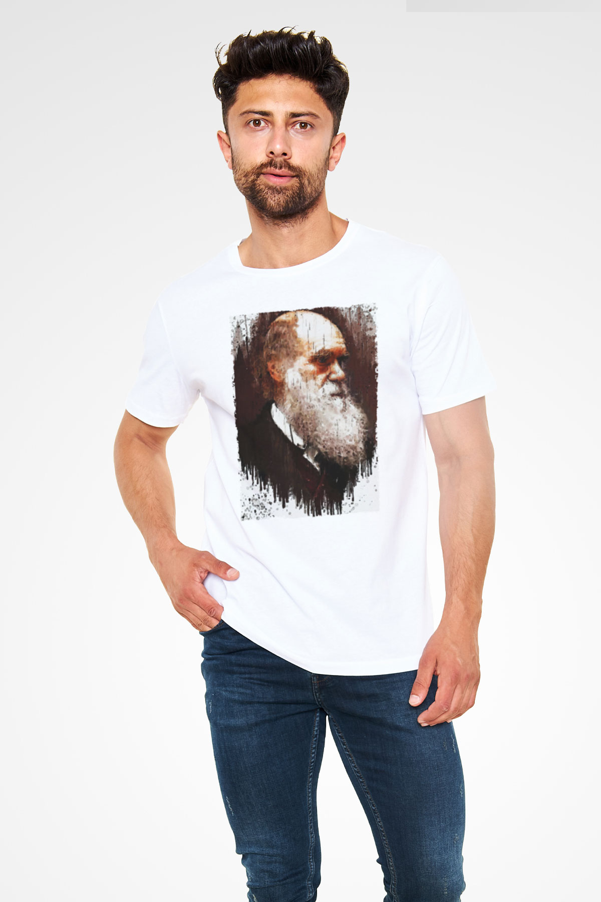 Charles Darwin Portre Baskılı Unisex Beyaz Tişört - Tshirt