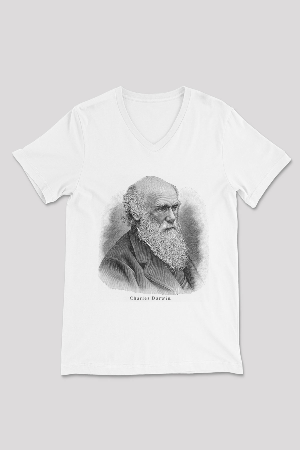 Charles Darwin Portre Baskılı Unisex Beyaz V Yaka Tişört