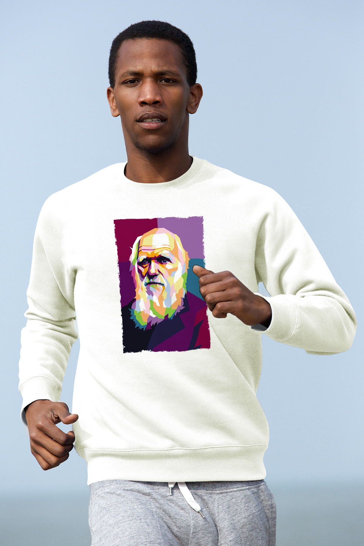 Charles Darwin Renkli Portre Baskılı Unisex Ekru Sweatshirt