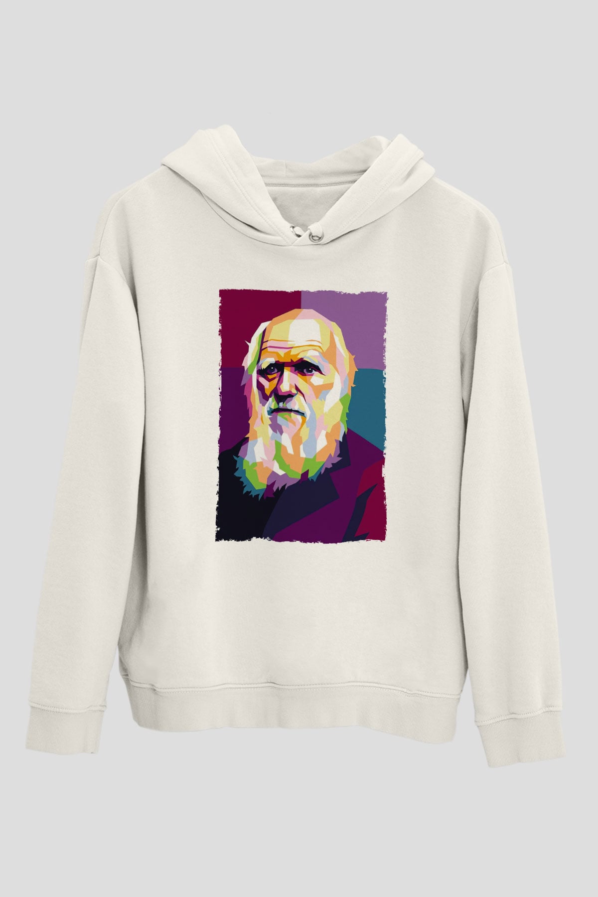 Charles Darwin Renkli Portre Baskılı Unisex Ekru Hoodie