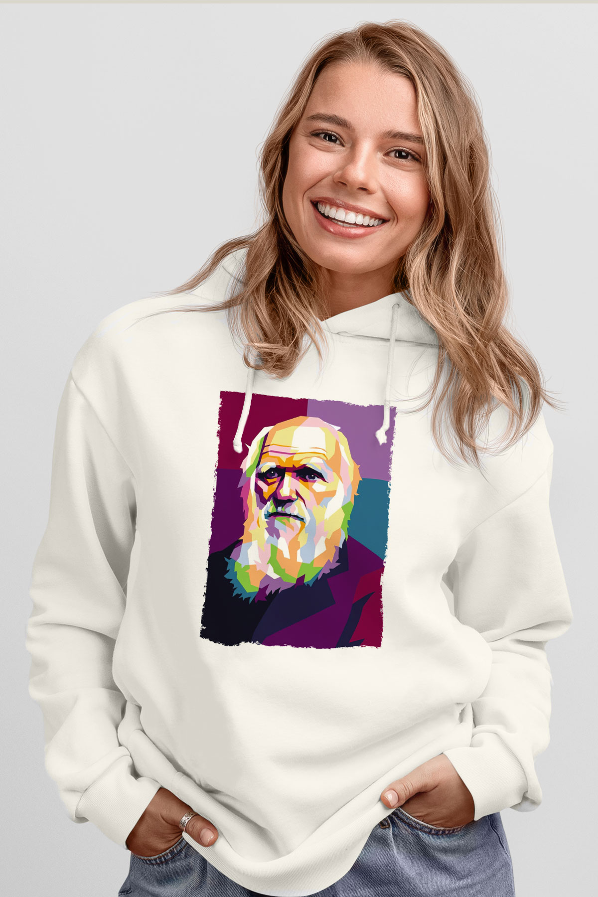 Charles Darwin Renkli Portre Baskılı Unisex Ekru Hoodie