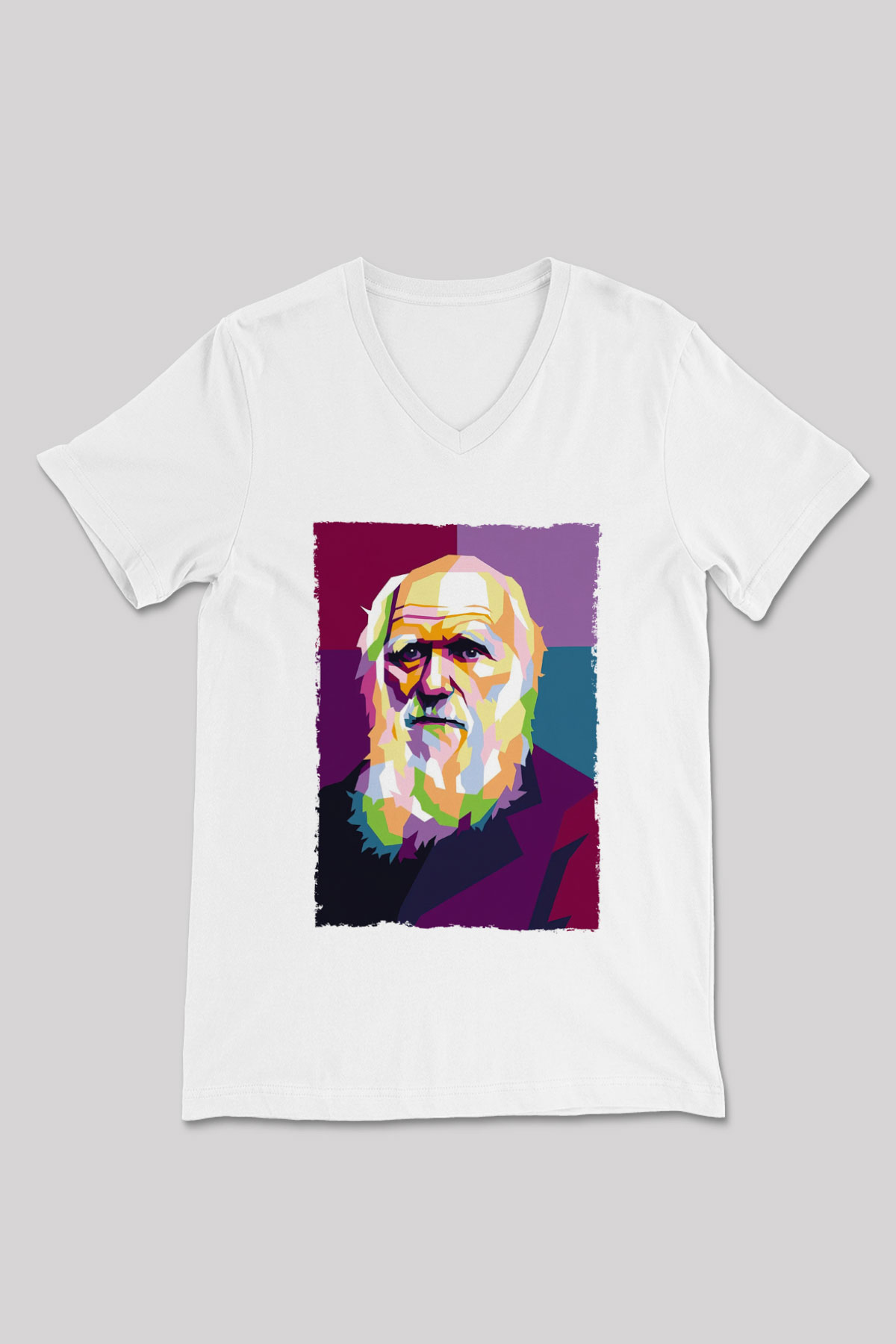 Charles Darwin Renkli Portre Baskılı Unisex V Yaka Beyaz Tişört - Tshirt